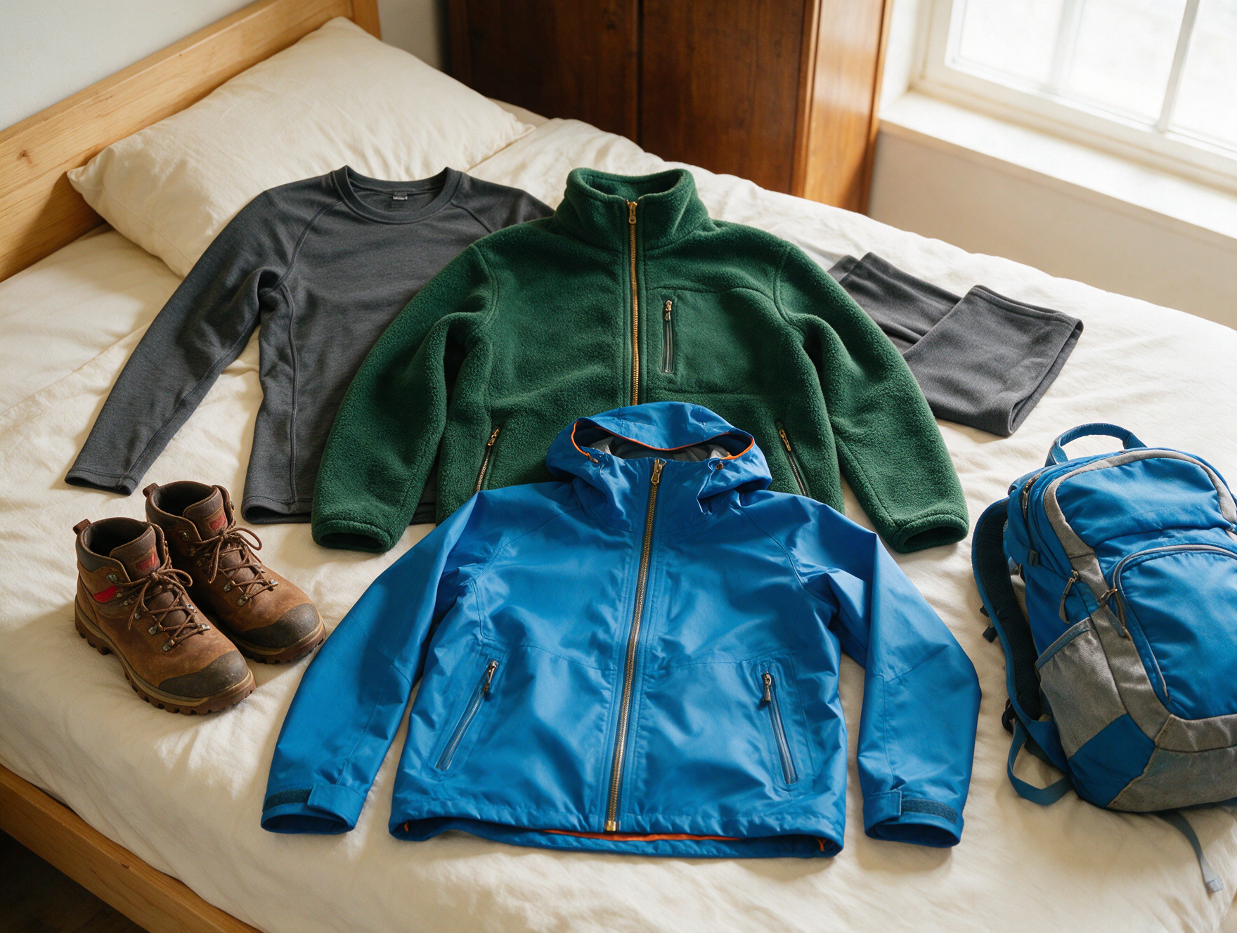 Layered outdoor clothing laid out for an alpine New Zealand trip