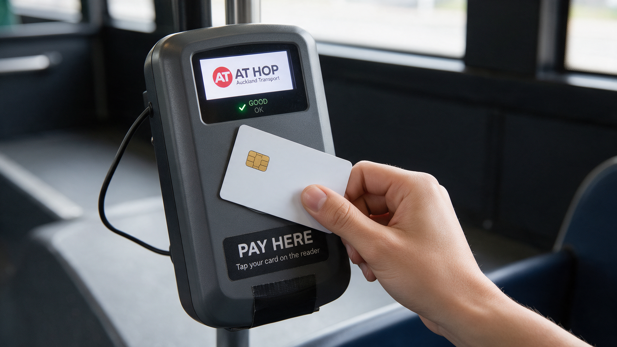 Auckland Transport AT HOP card tap point on a public bus
