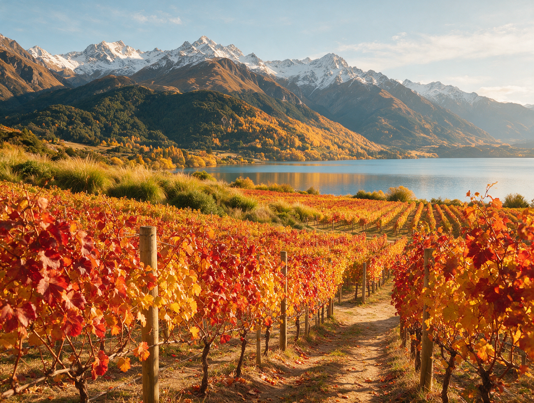 Autumn colored vineyard near Queenstown New Zealand with mountains behind