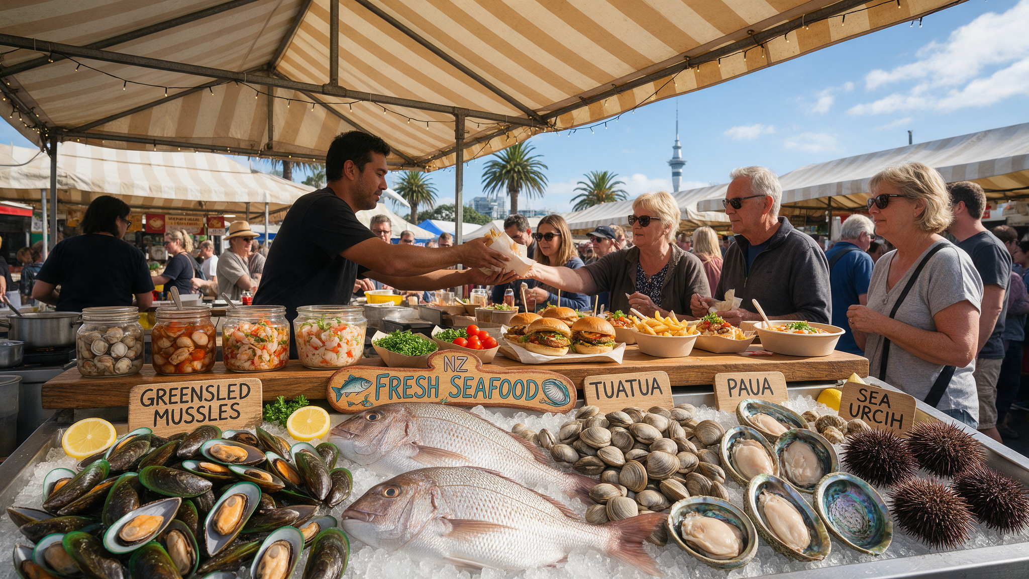 Street food market stall in Auckland New Zealand with fresh seafood and local dishes