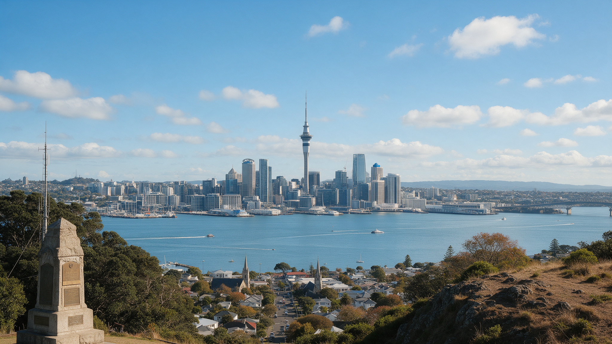 View from Mount Victoria Devonport over Auckland harbour and Sky Tower