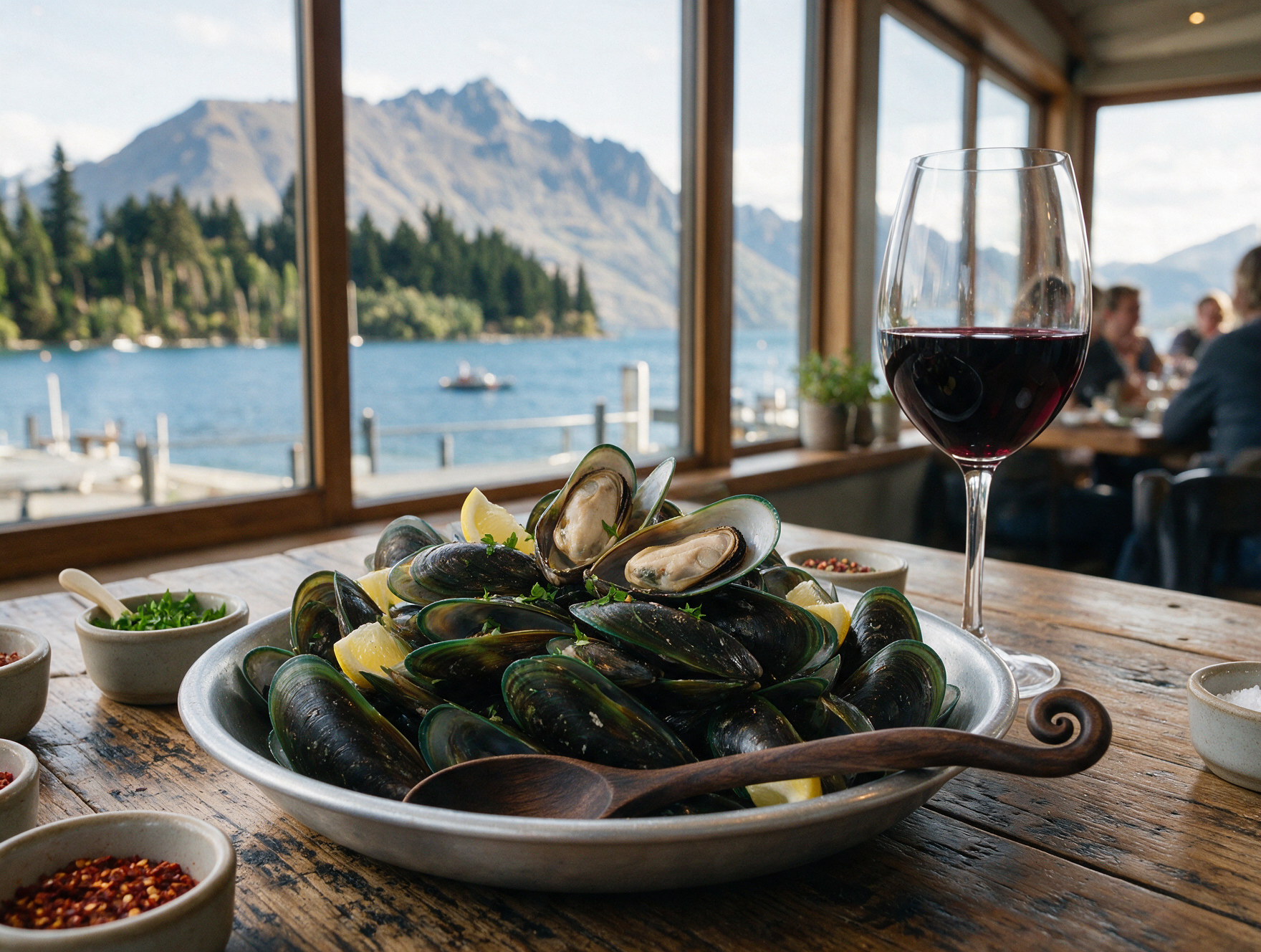 Fresh New Zealand green-lipped mussels and a glass of Central Otago Pinot Noir on a rustic wooden table