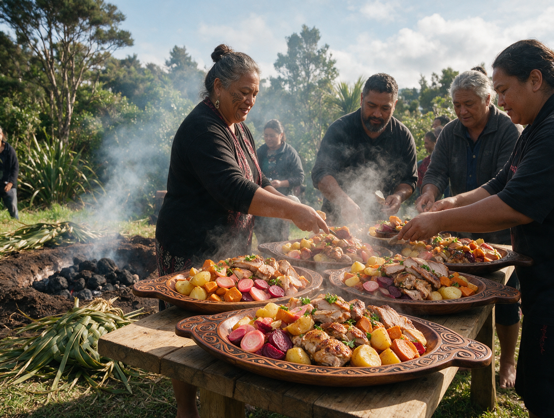 Traditional Maori hangi earth oven feast being served on platters with steam rising
