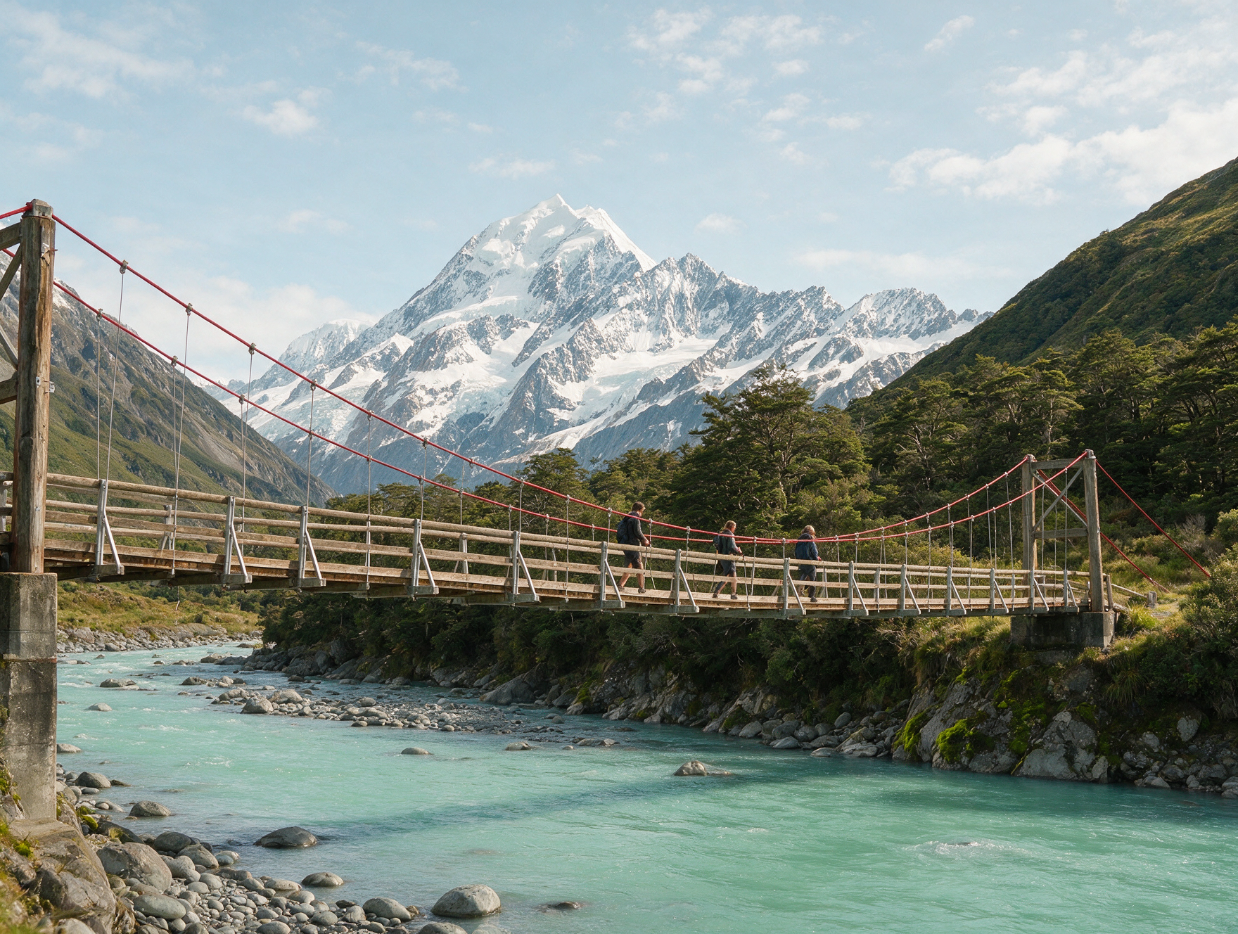 Hikers crossing a swing bridge on the Hooker Valley Track with Aoraki Mount Cook in view