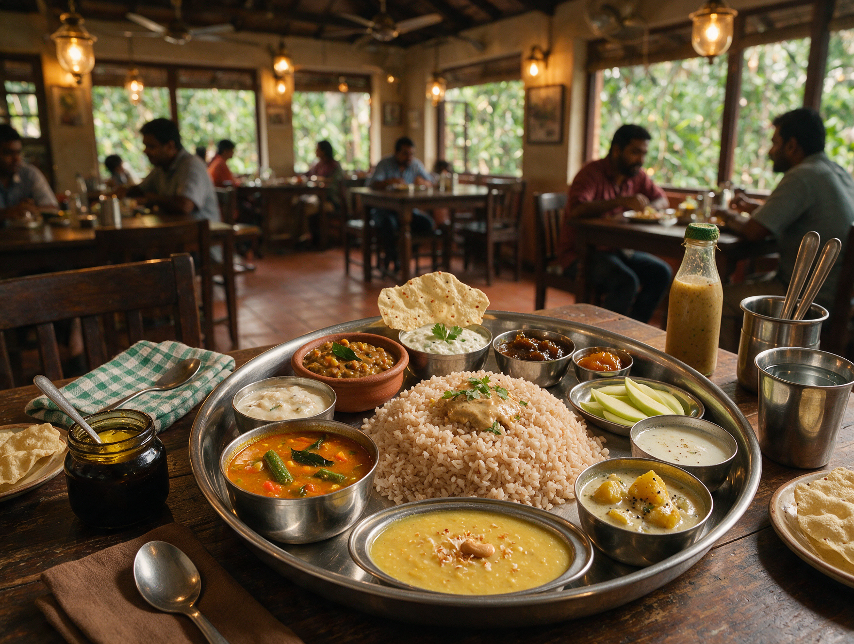 South Indian Kerala style vegetarian thali with curries and rice served at a small restaurant