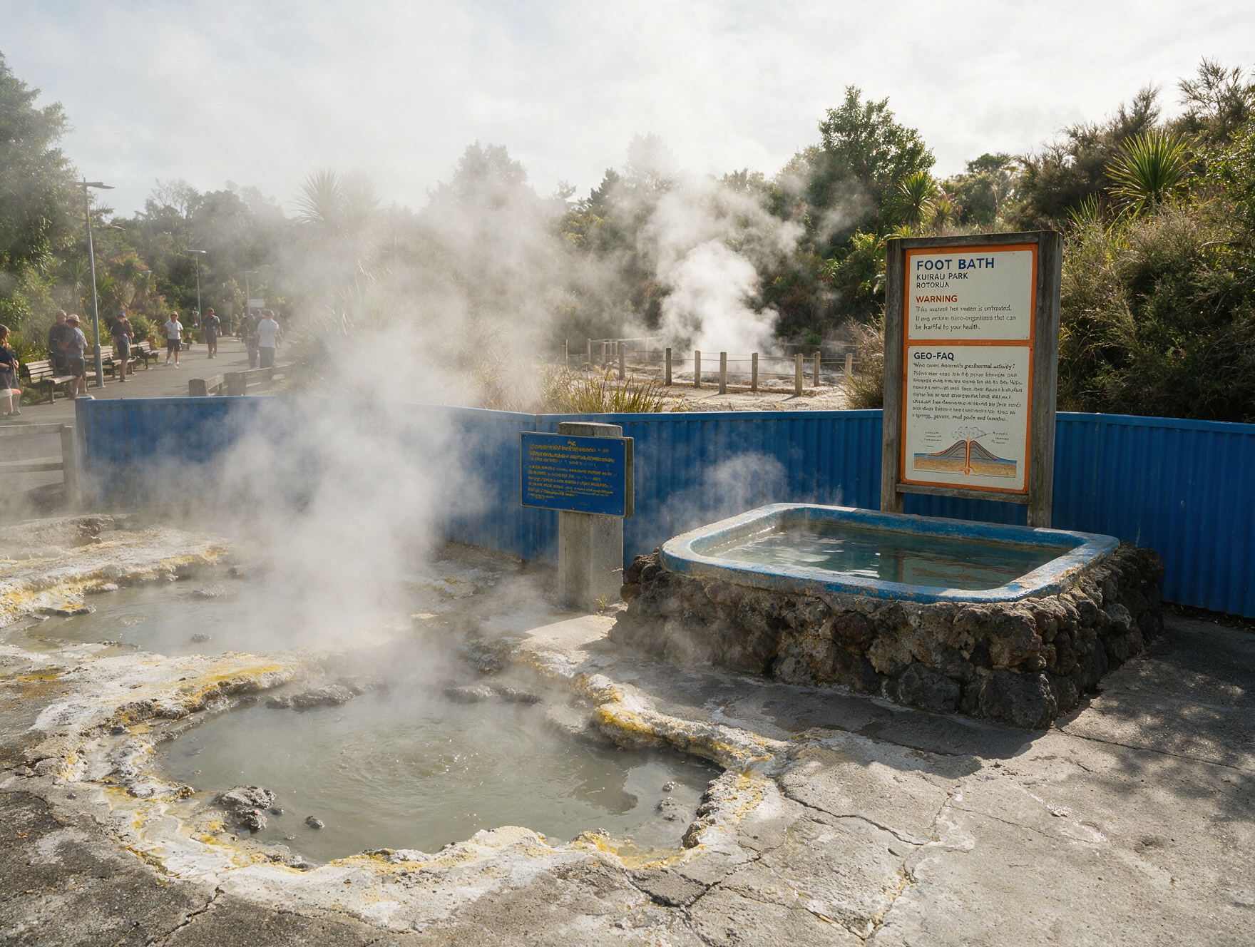 Steaming geothermal mud pools and public foot baths at Kuirau Park in Rotorua