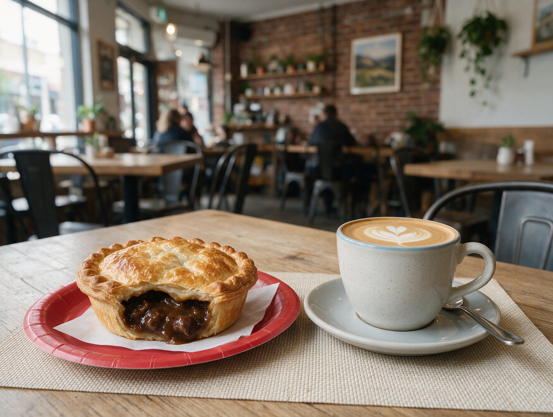New Zealand meat pie and flat white coffee on a cafe table