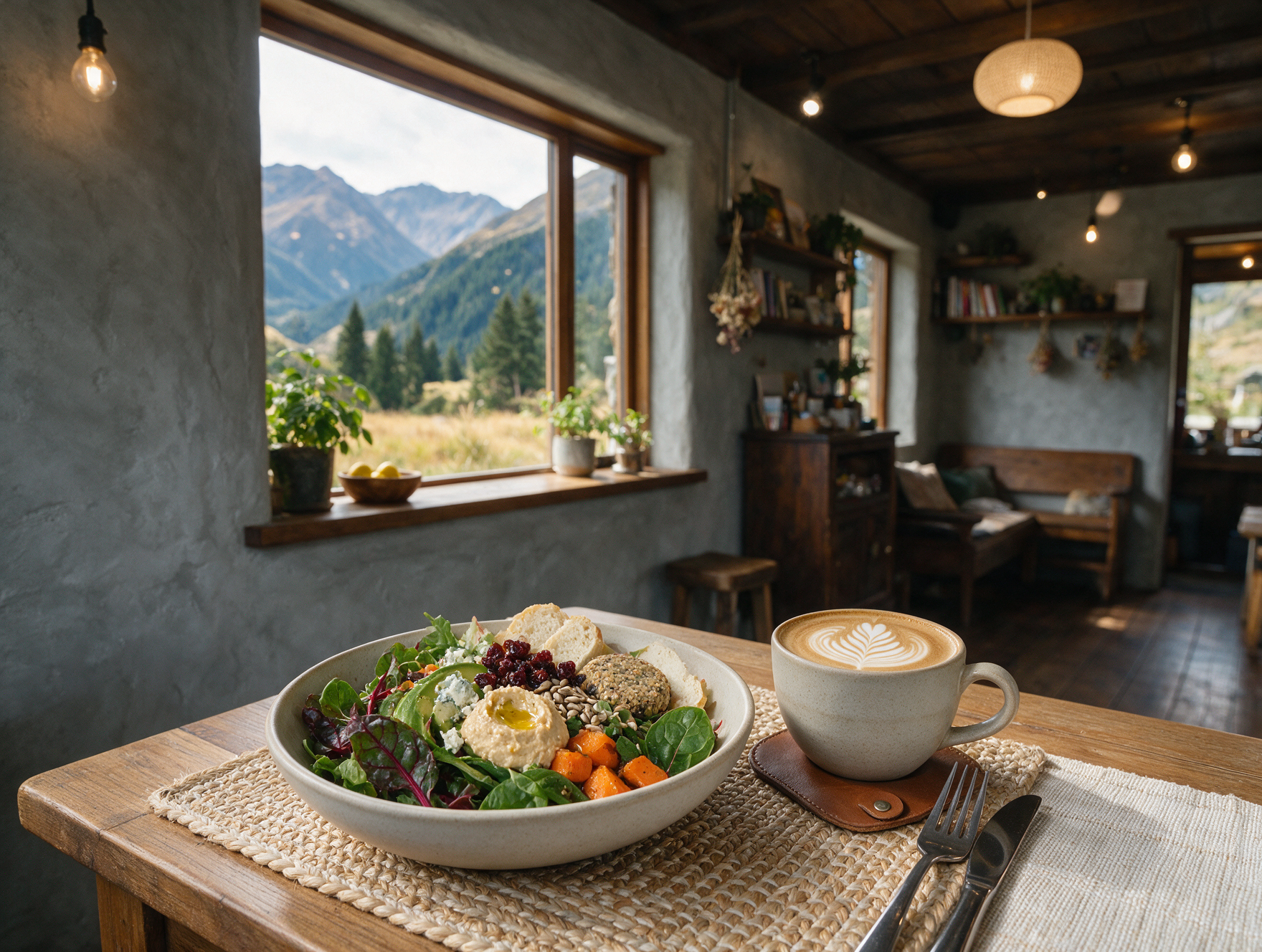Cozy cafe interior in a small alpine New Zealand village with a vegetarian salad bowl and flat white coffee