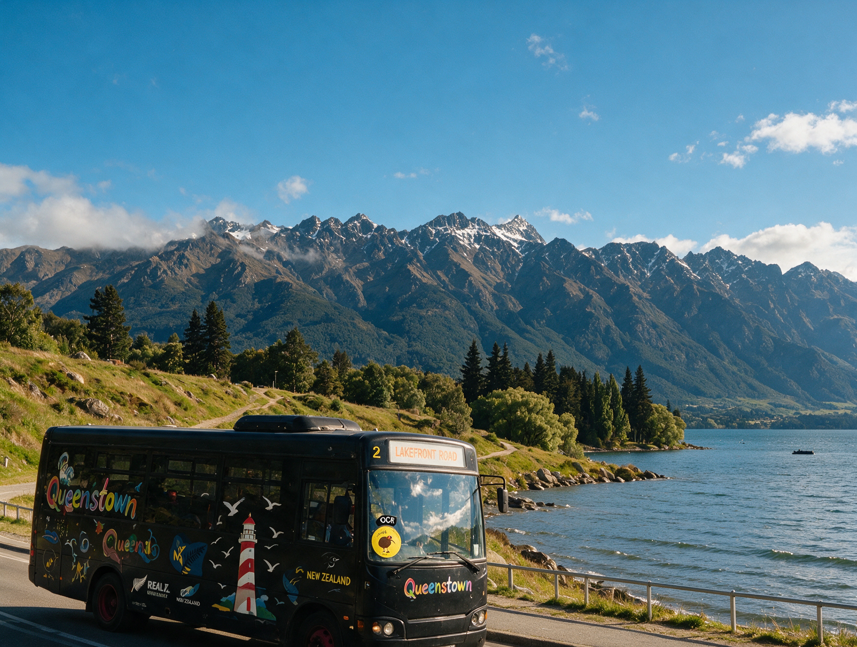 Orbus public bus in Queenstown New Zealand with Lake Wakatipu and mountains in the background