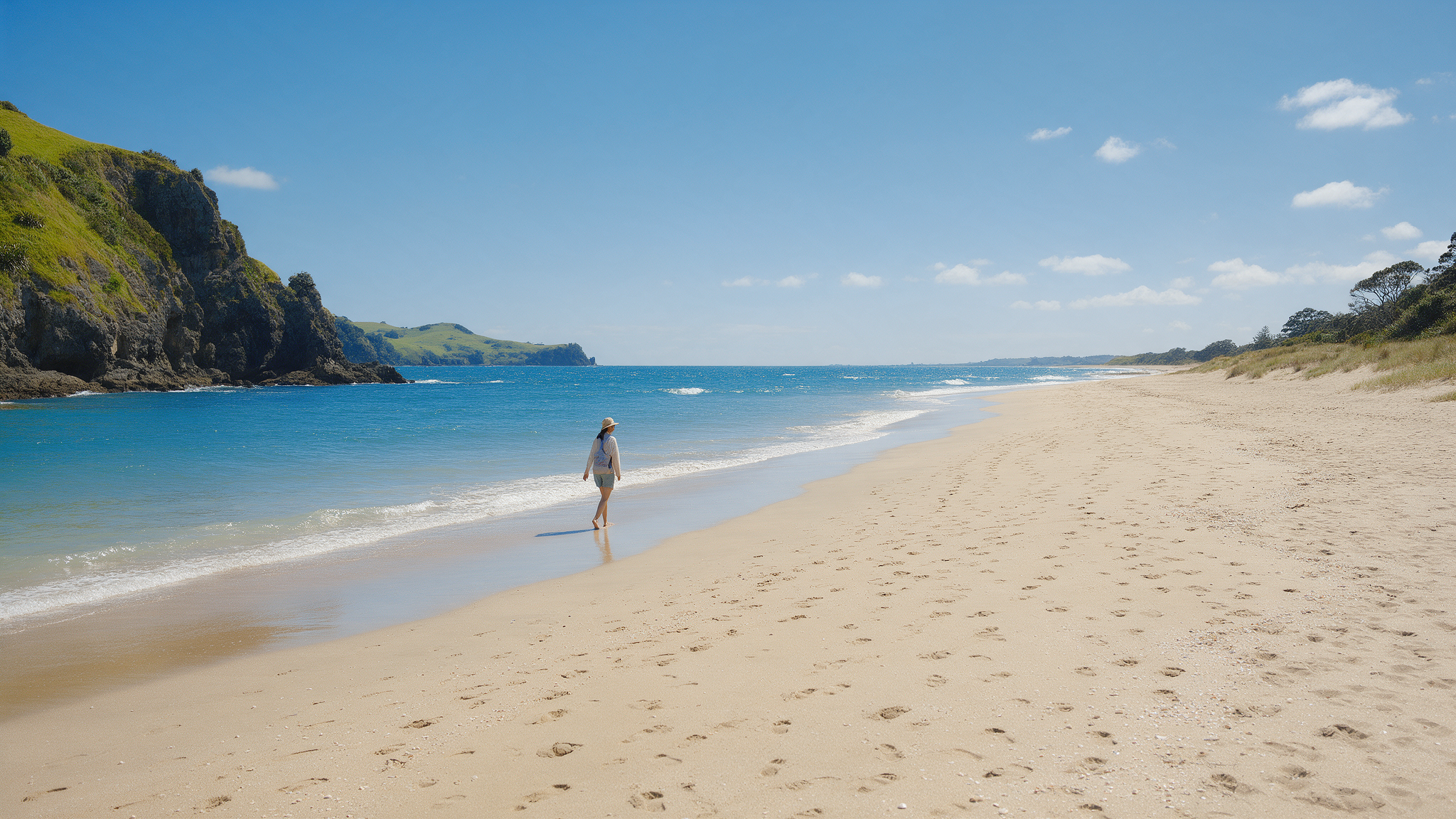 Traveler wearing summer clothing and a sun hat walking along a New Zealand beach in December