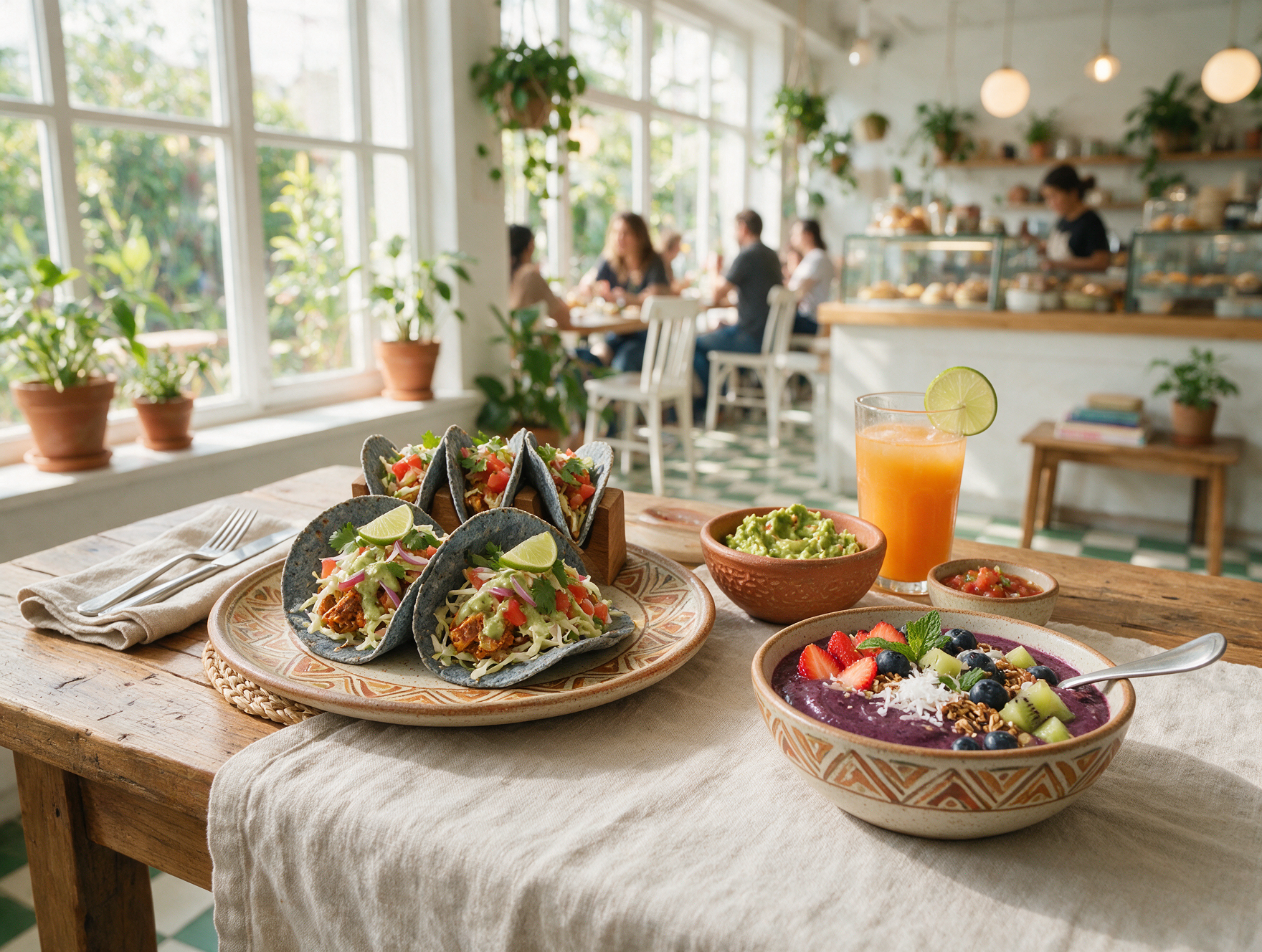 Plant-based Mexican tacos and a smoothie bowl at a bright cafe