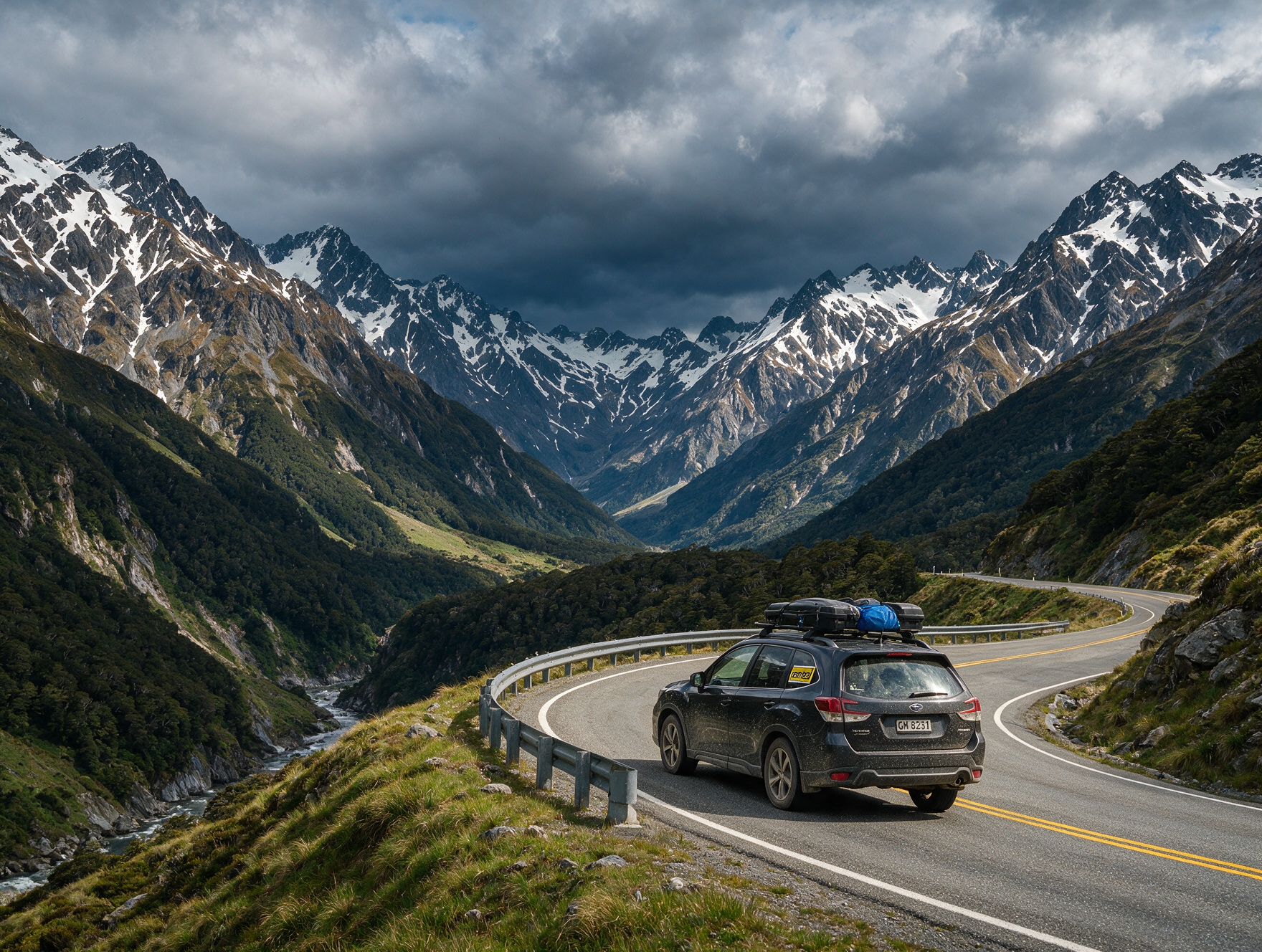 Rental car driving on a scenic mountain pass road in New Zealand South Island