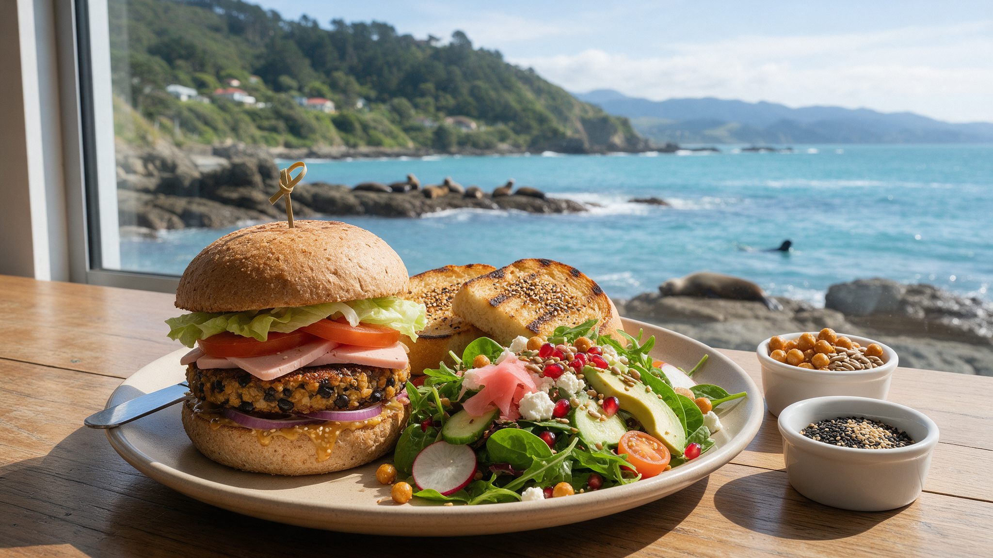 Colorful all-vegetarian cafe plate with a vege burger and salad bowl at a seaside cafe