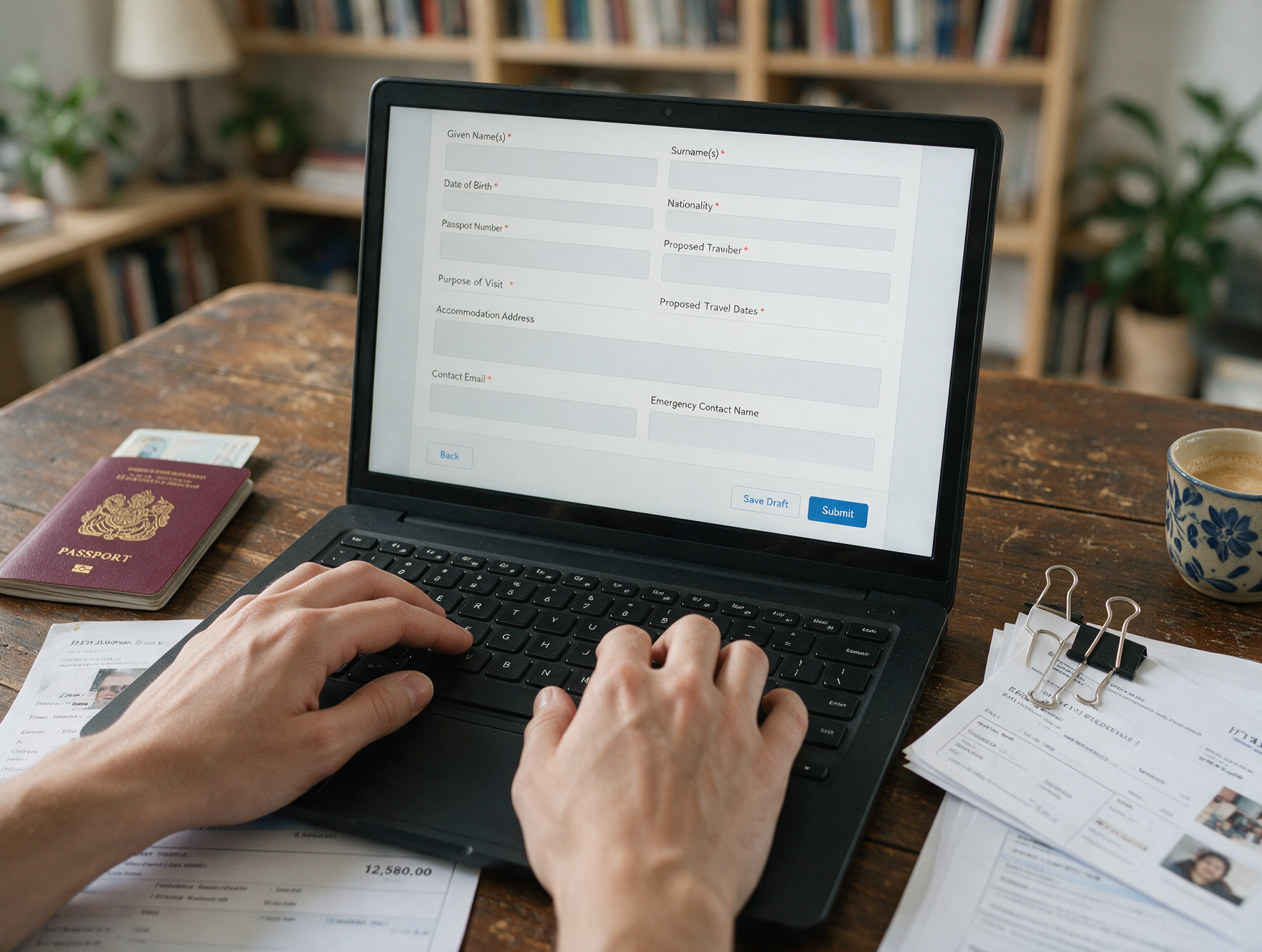 Traveler filling out New Zealand visitor visa application online with passport nearby