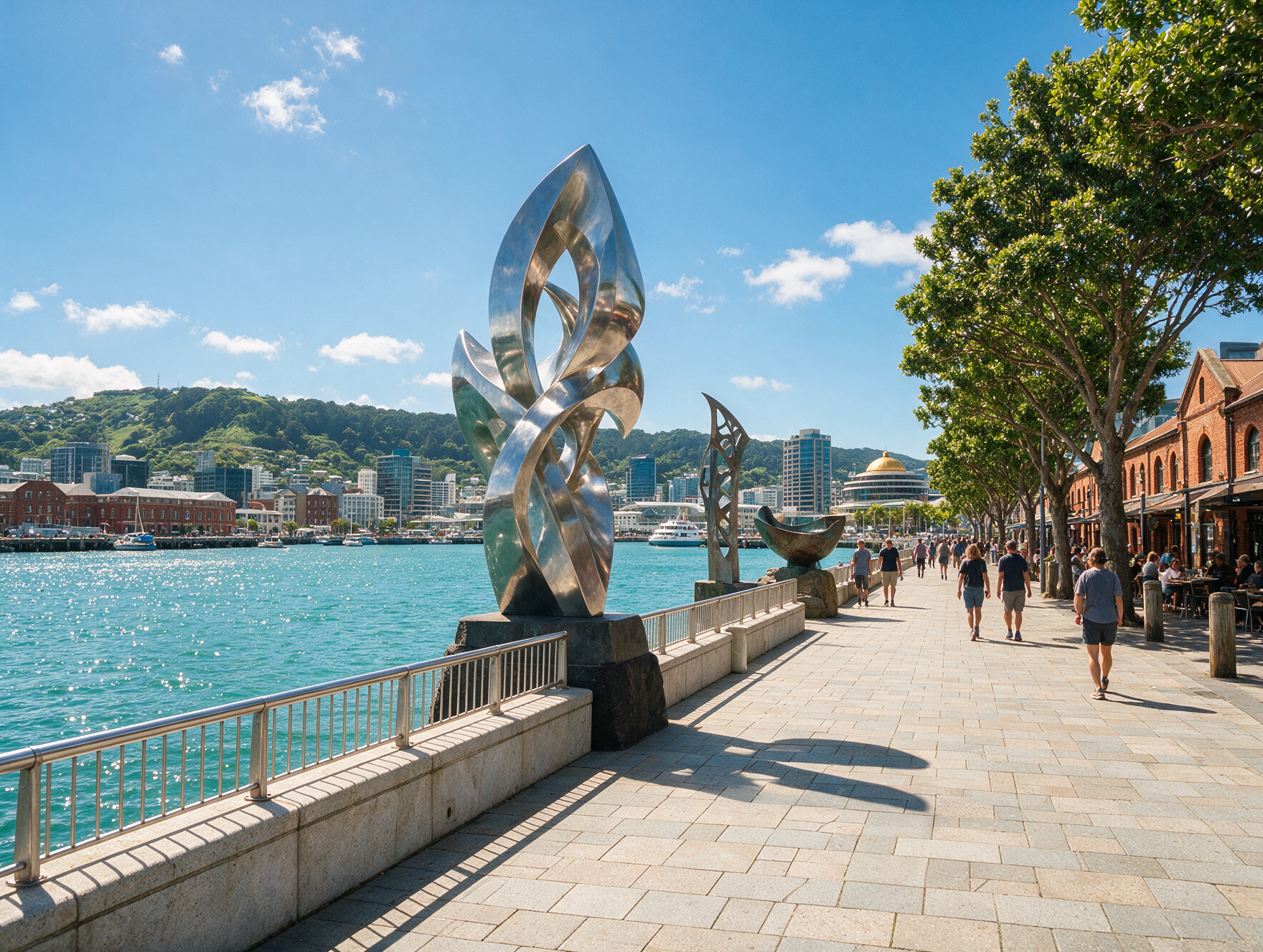 Wellington waterfront walkway with harbour views and public art