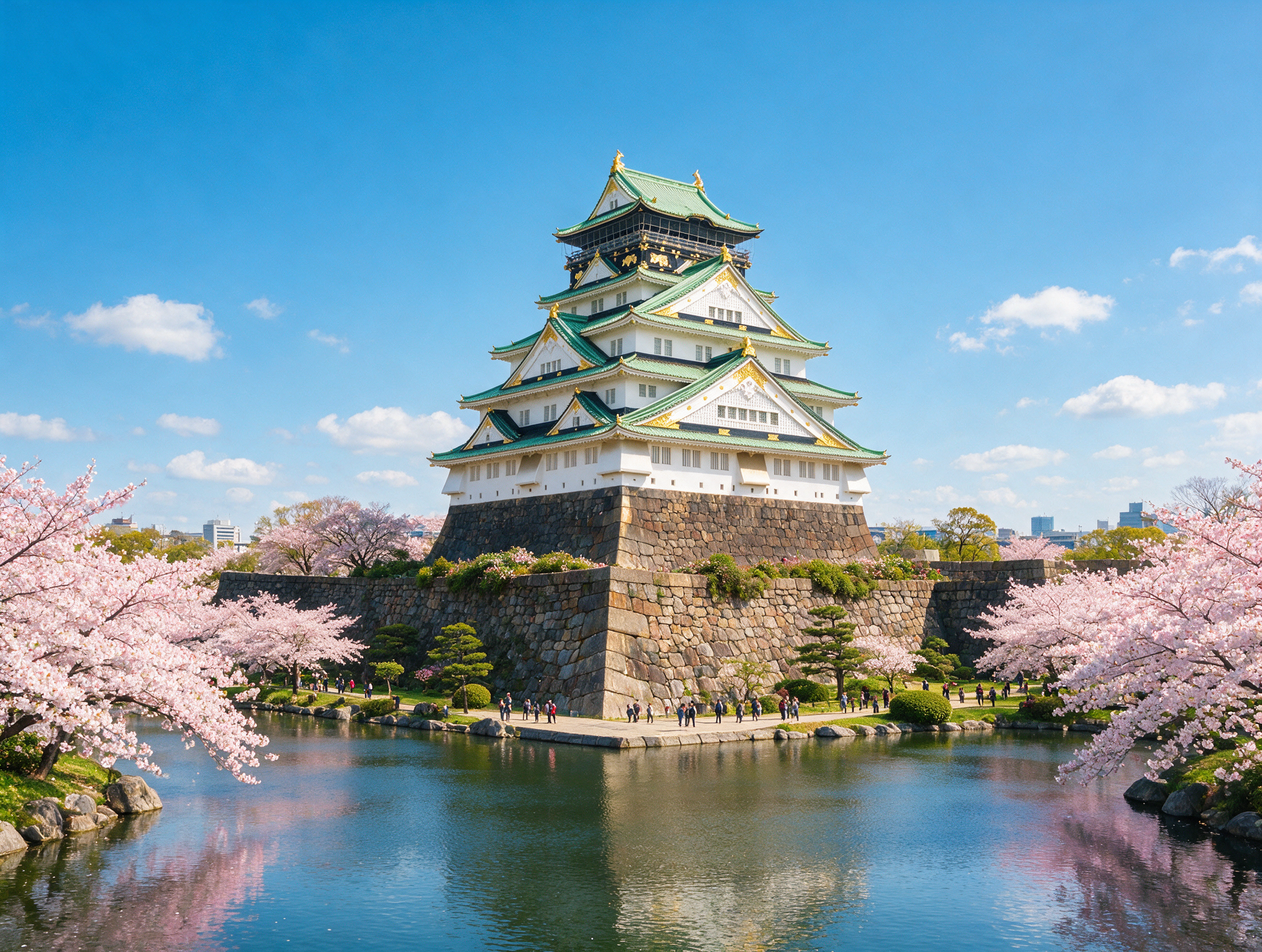 Osaka Castle's white and green main keep with stone walls and moat on a clear day