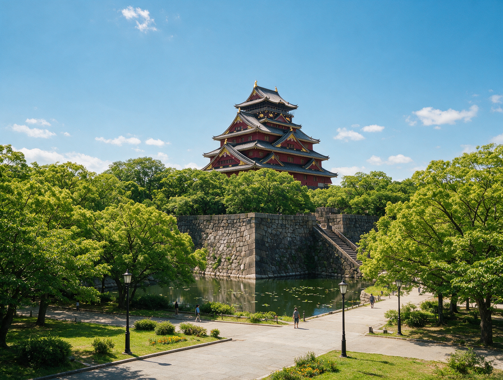 Osaka Castle rising above the free public park grounds that surround it, open 24 hours