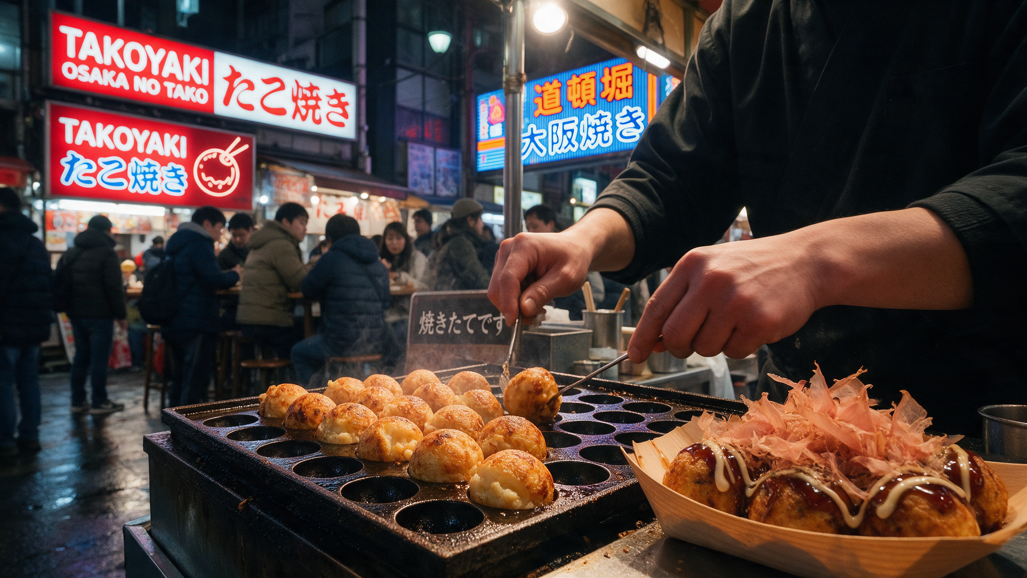Cook grilling takoyaki octopus balls at a night food stall in Dotonbori, Osaka, with neon signs reflected on wet pavement