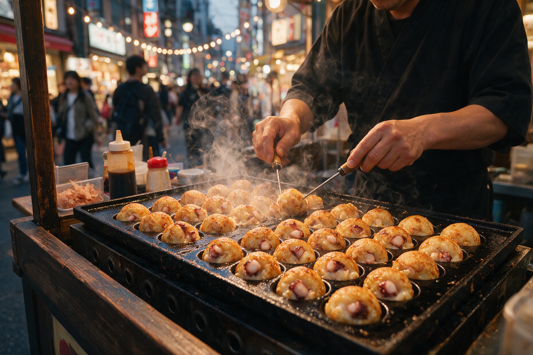 Vendor cooking takoyaki octopus balls on a hot griddle at a street stall in Osaka