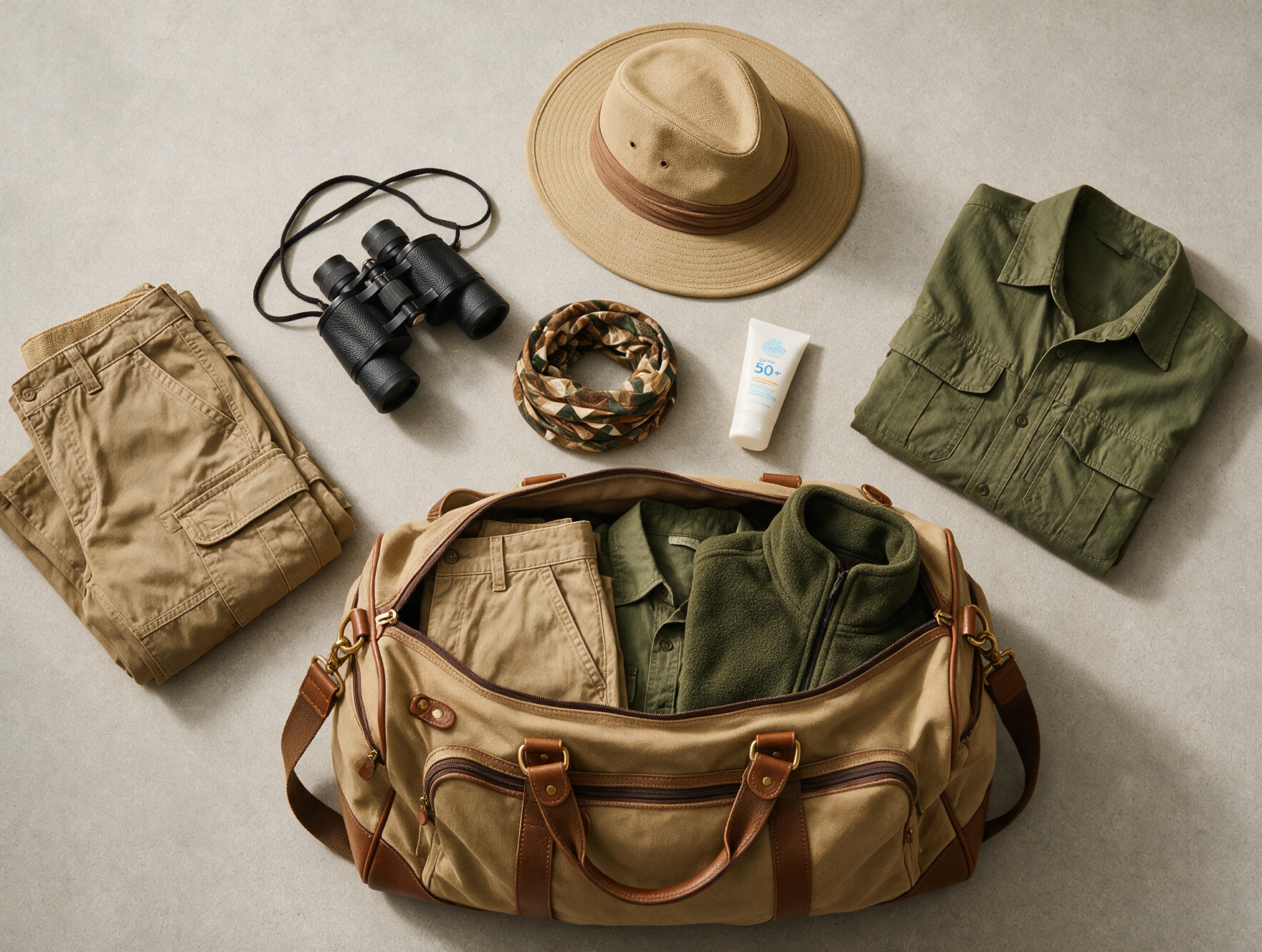 Flat-lay of earth-toned Kenya safari packing essentials including khaki clothing and binoculars