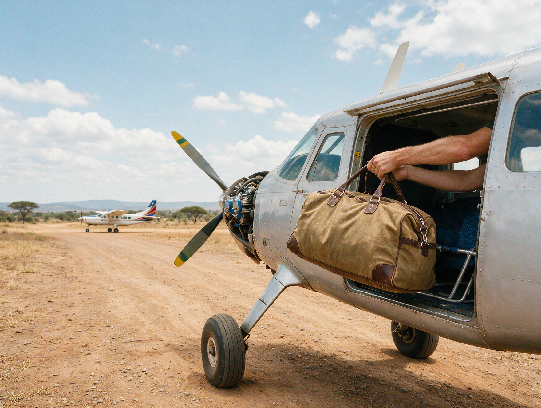 Soft-sided duffel bag being loaded onto a small bush aircraft on a Kenya safari airstrip