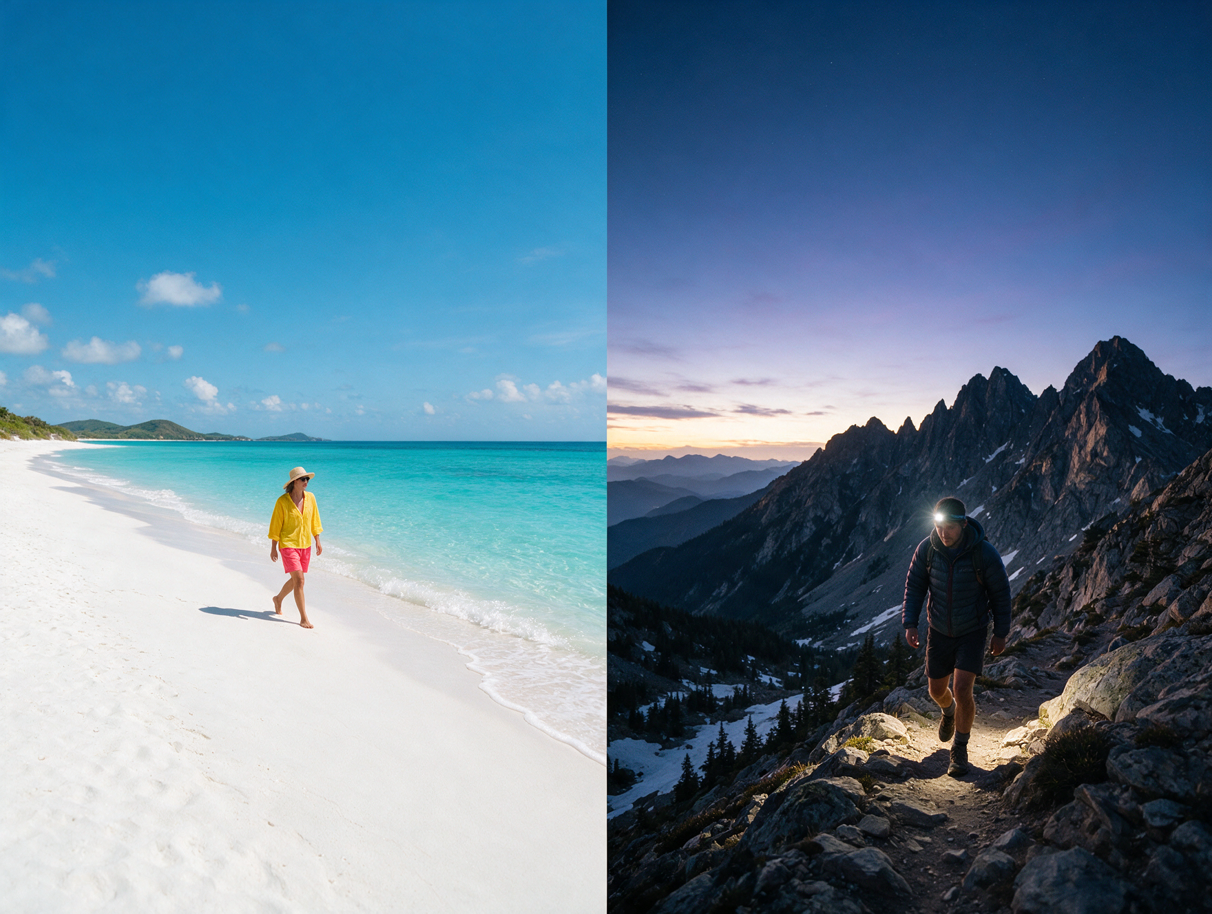 Side-by-side contrast of Diani Beach packing and Mount Kenya trekking gear in Kenya