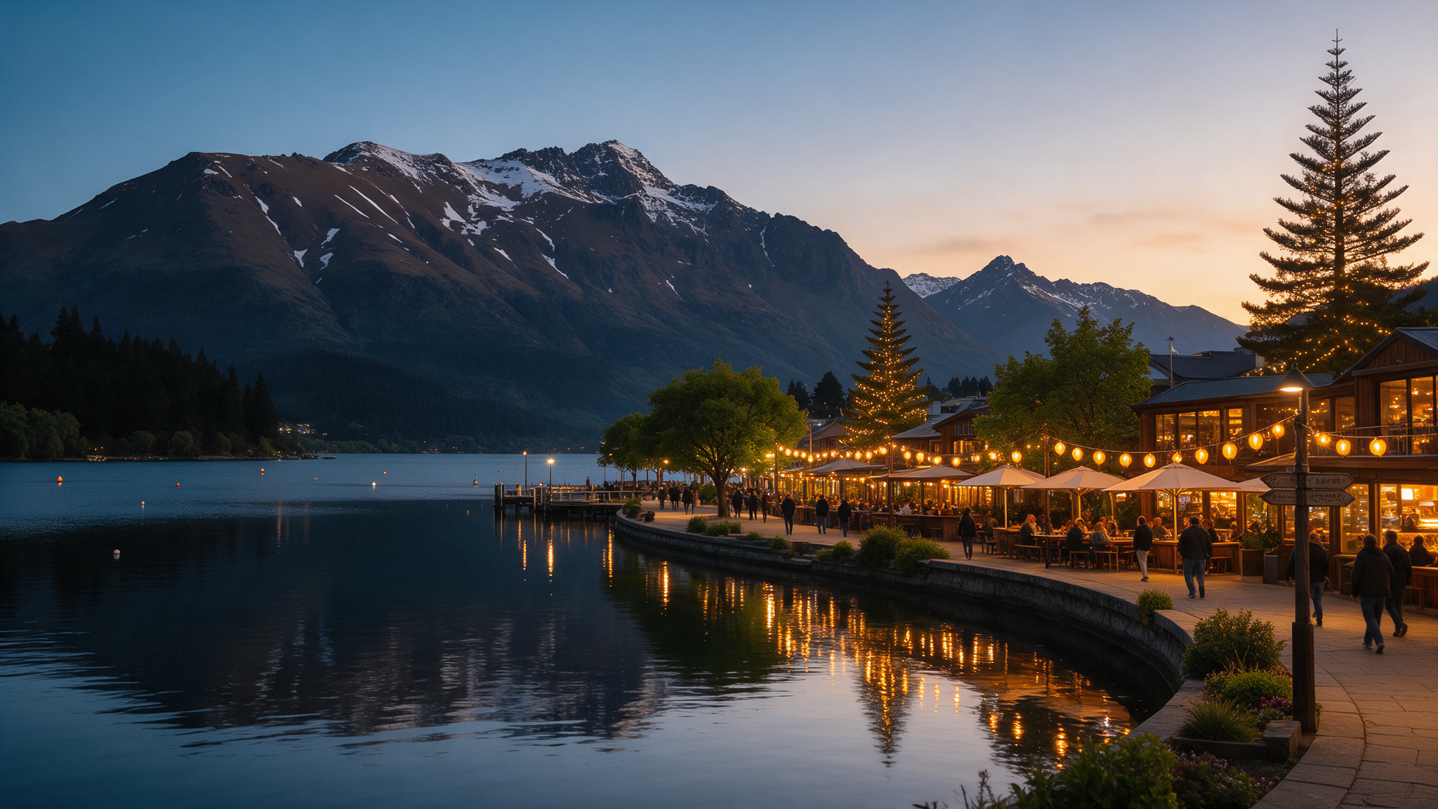 Queenstown waterfront at dusk with lake and mountain silhouettes and glowing bar lights