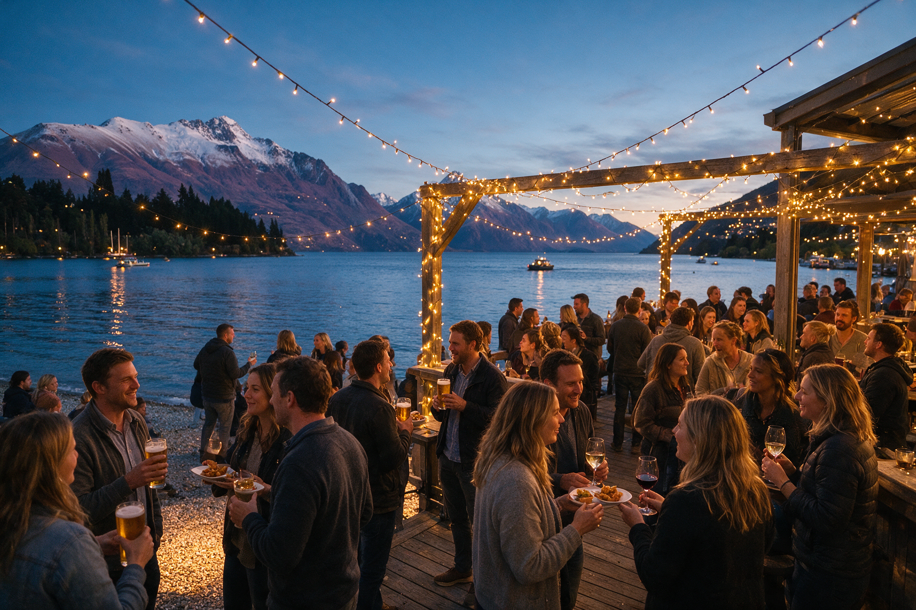 Lakeside bar deck in Queenstown with string lights at dusk and mountains behind