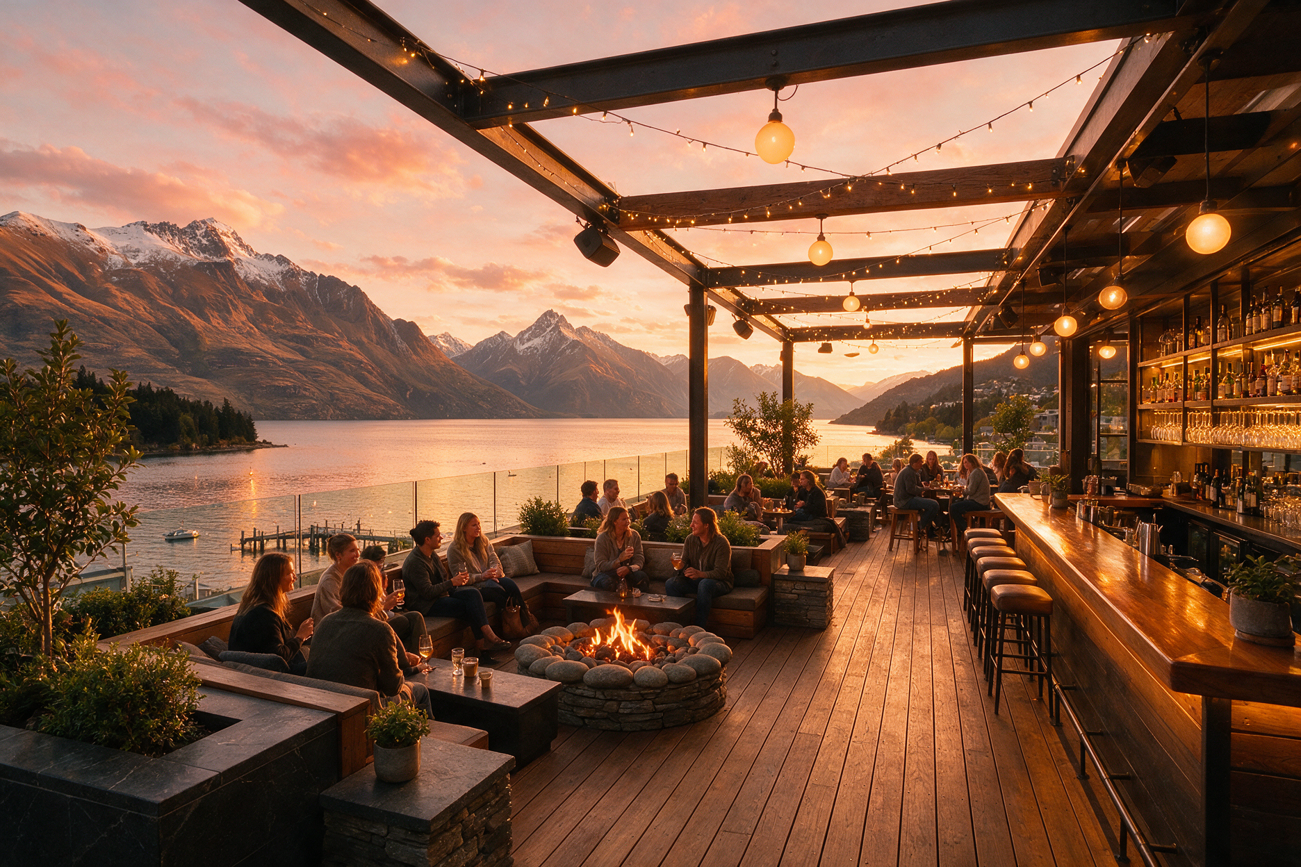 Rooftop bar in Queenstown at sunset with fire pits and lake view