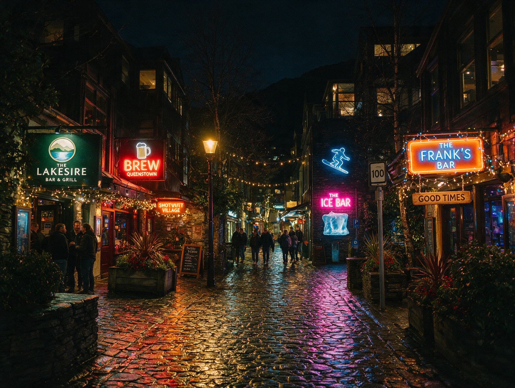 Shotover Street Queenstown at night with glowing bar signs and people walking between venues