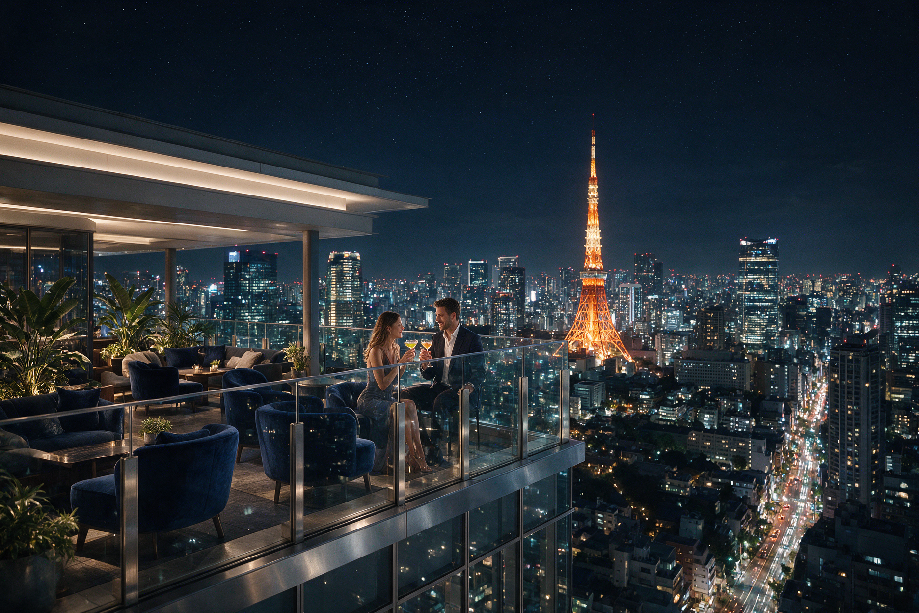 Couple having cocktails at a Tokyo rooftop skybar at night with the illuminated city skyline and Tokyo Tower in the distance