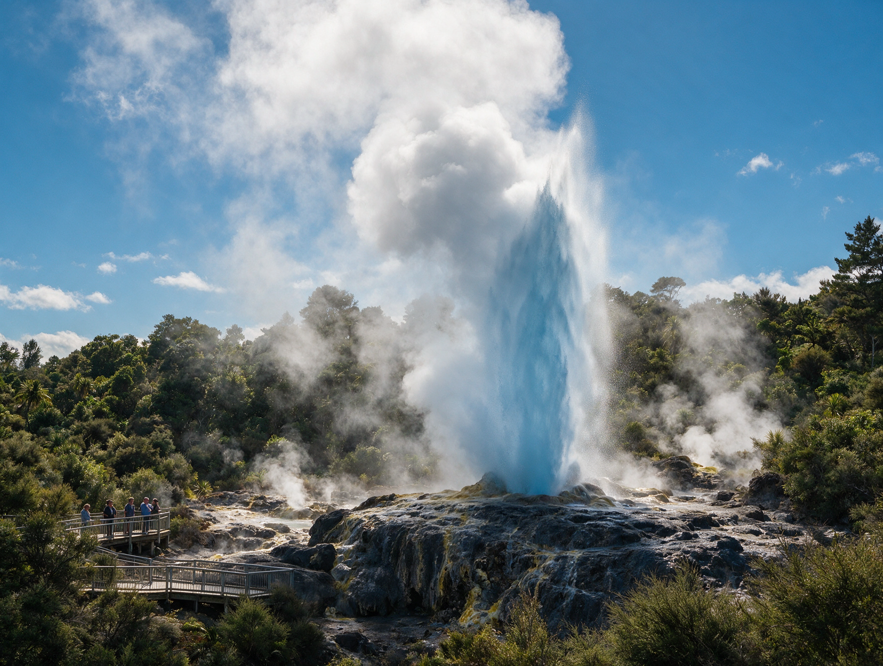 Pohutu Geyser erupting at a Rotorua geothermal park in New Zealand