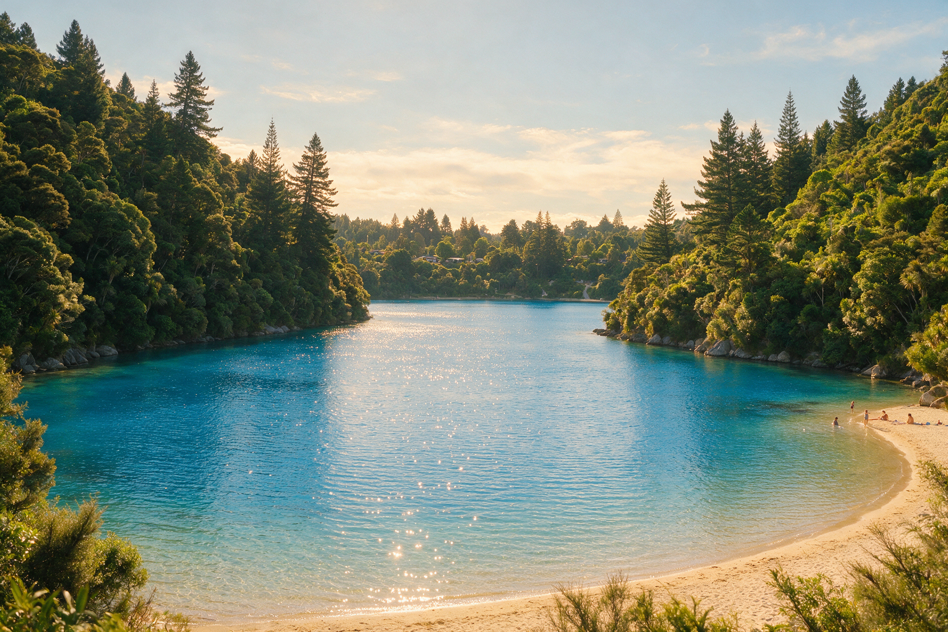 Blue Lake Tikitapu surrounded by native bush near Rotorua