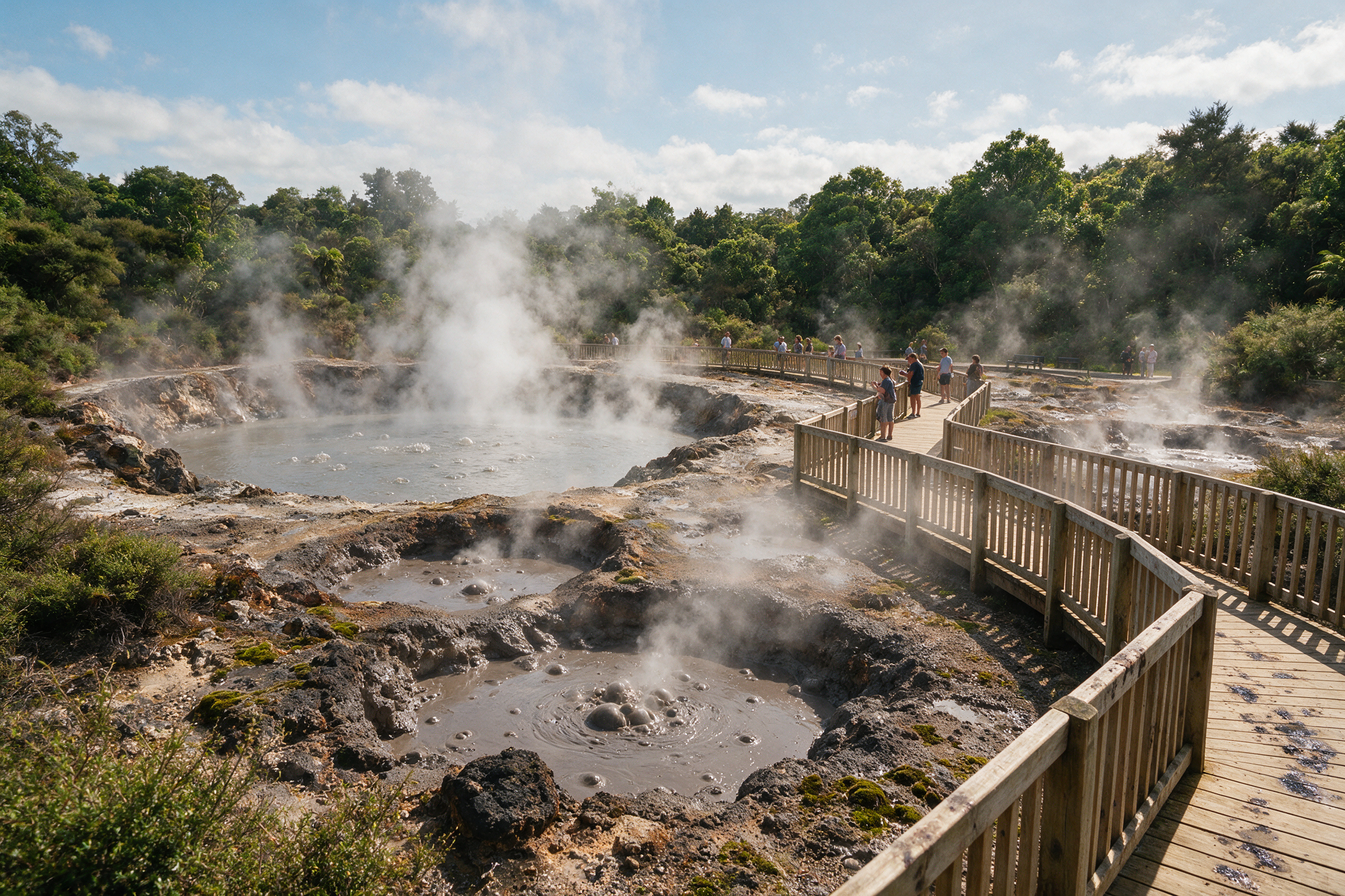 Bubbling mud pools and steaming crater lake at Kuirau Park in Rotorua