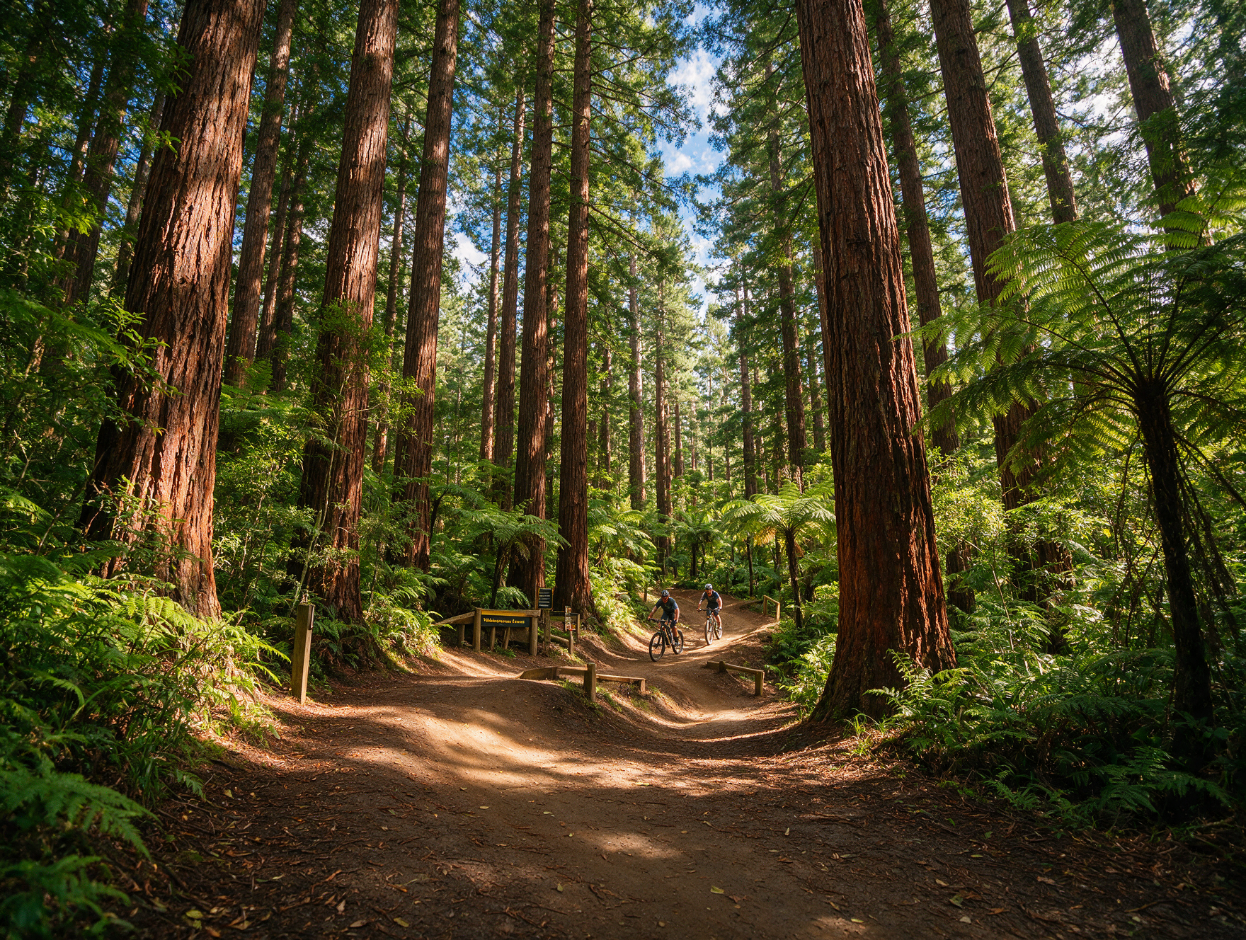Mountain bike trail through tall redwood trees in Whakarewarewa Forest Rotorua