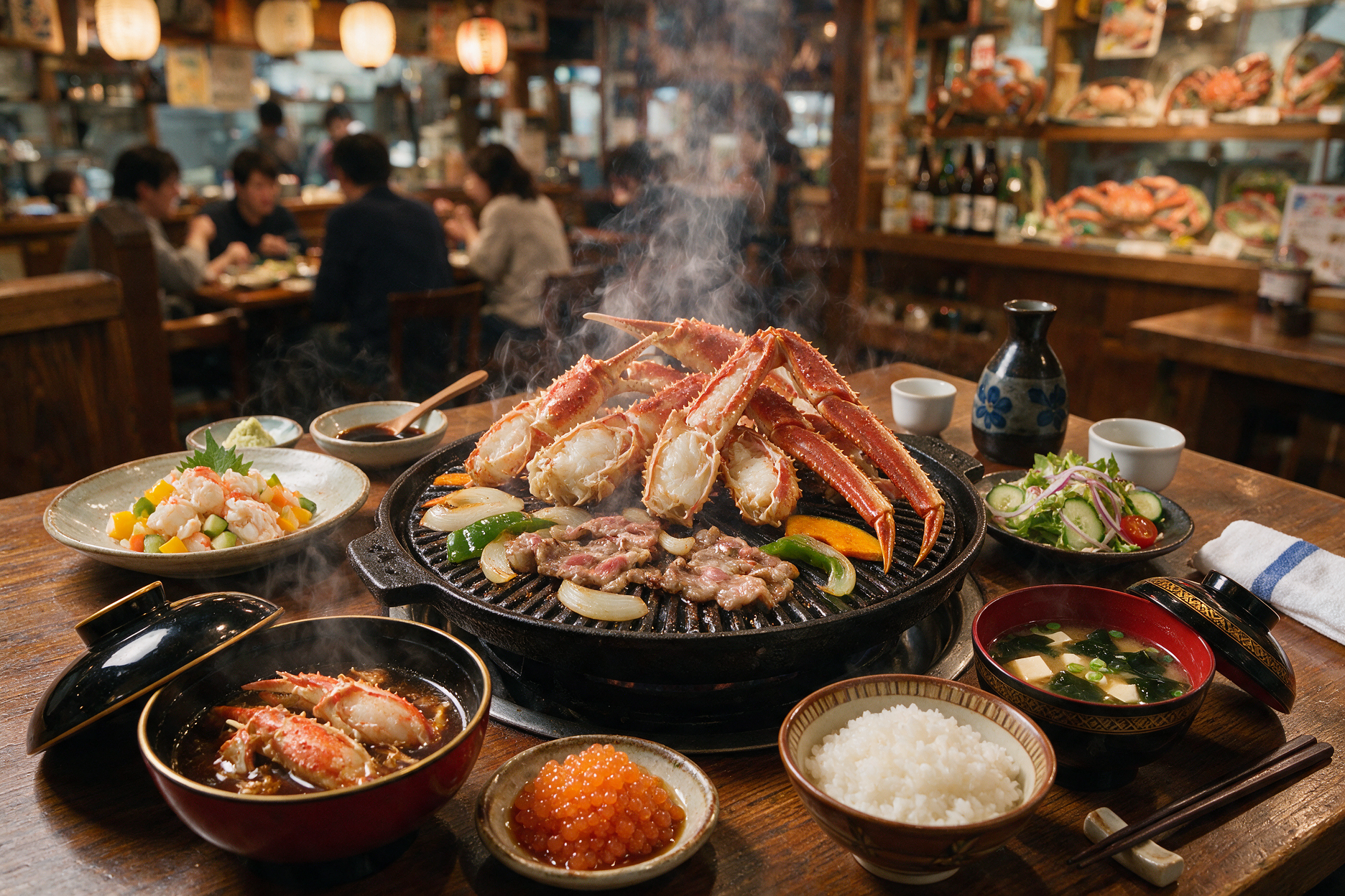 Steaming Hokkaido crab and jingisukan grilled lamb on a restaurant table in Sapporo