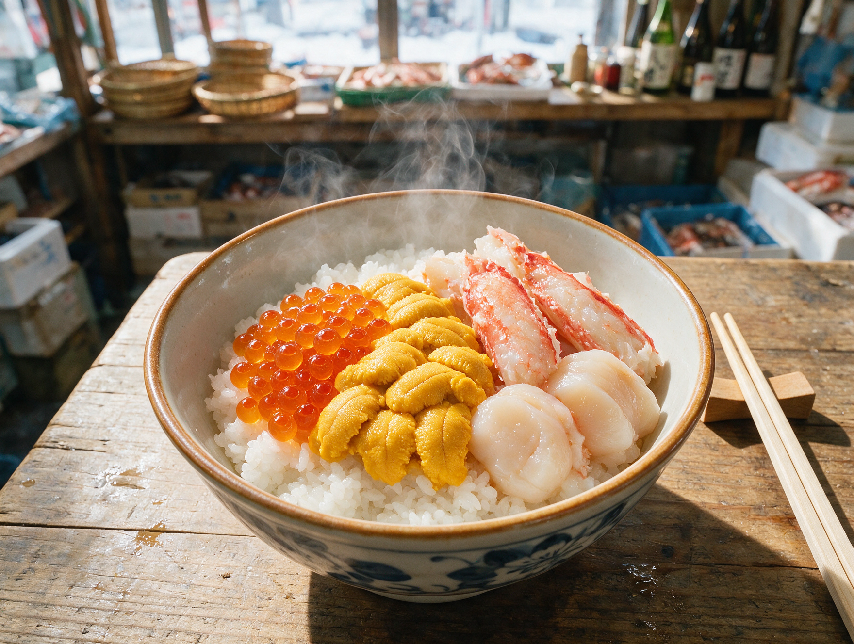 Overhead view of a Sapporo seafood rice bowl topped with salmon roe, sea urchin, crab and scallop