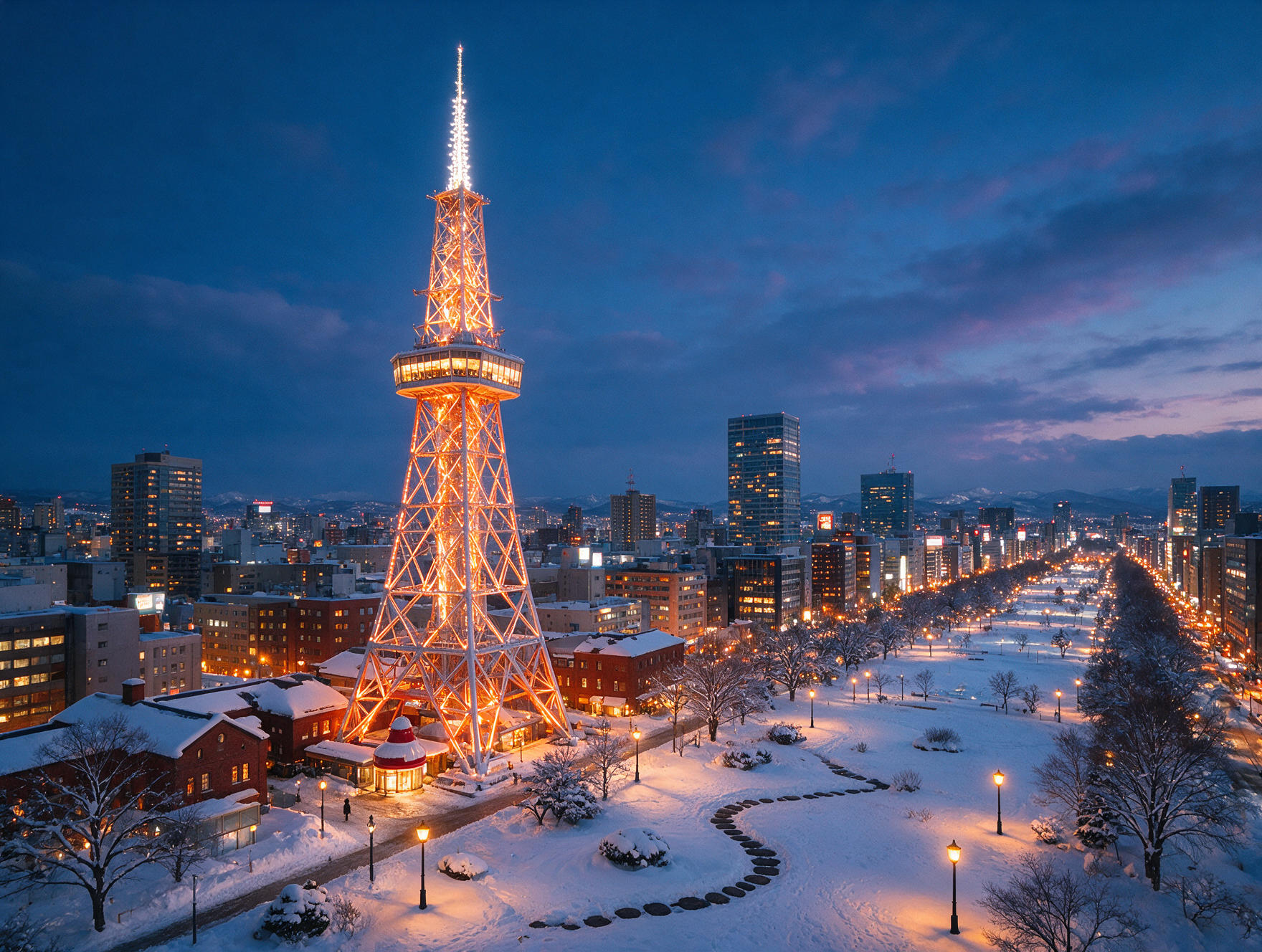 Sapporo TV Tower lit up at dusk above snow-covered Odori Park