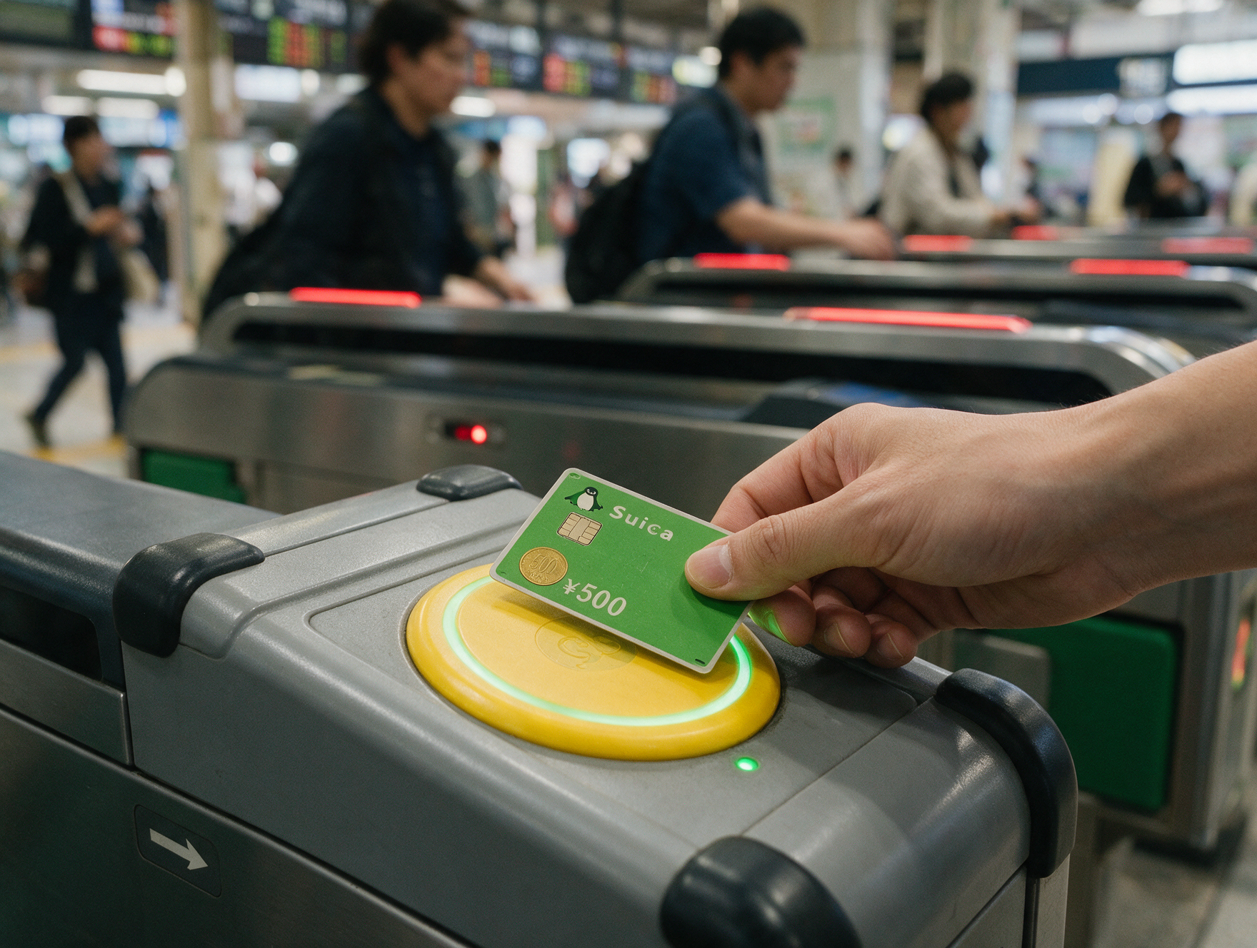 Traveler tapping a Suica IC card on a contactless reader at a Japanese train ticket gate