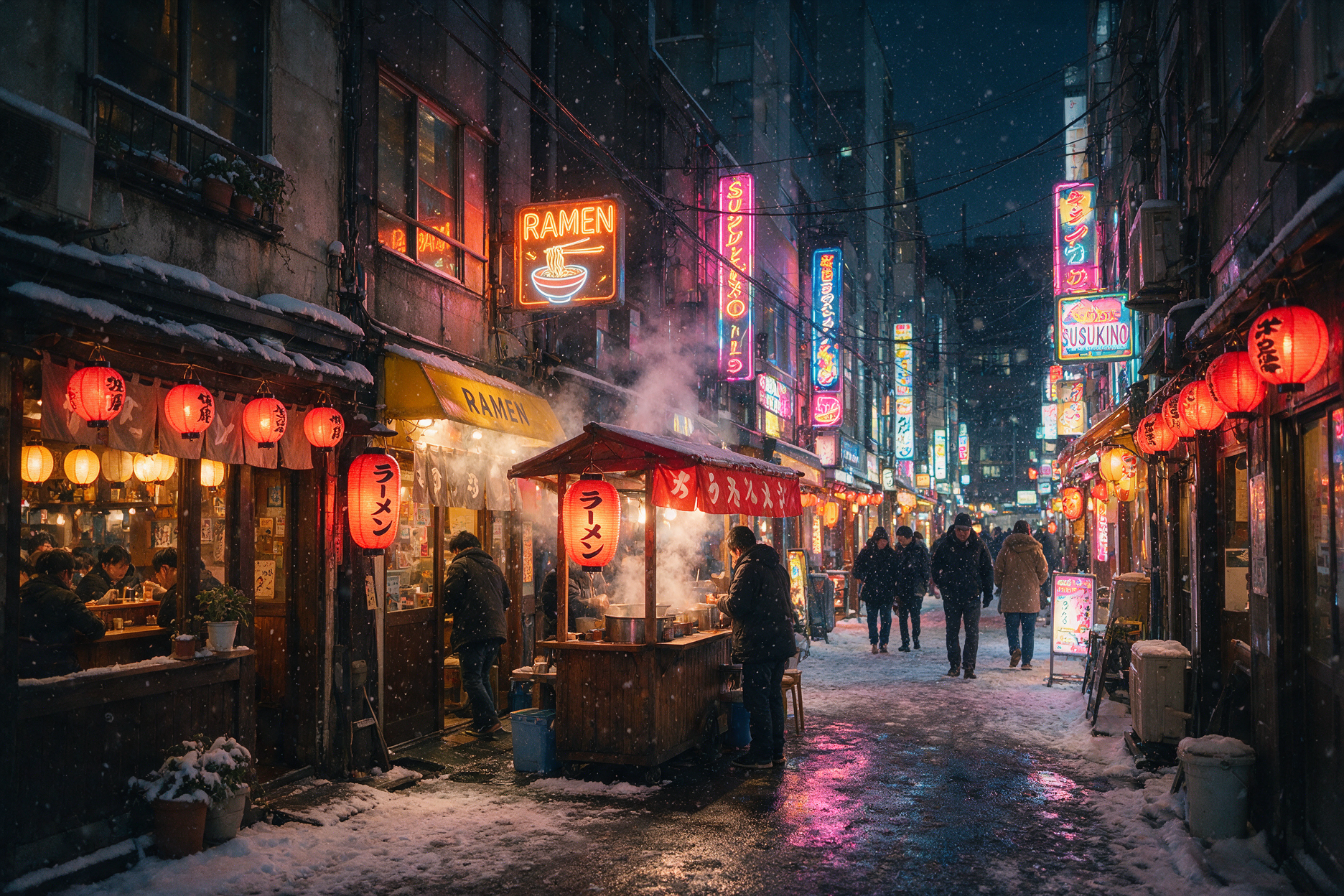 Neon-lit alley in Susukino district Sapporo at night with izakaya signs and falling snow