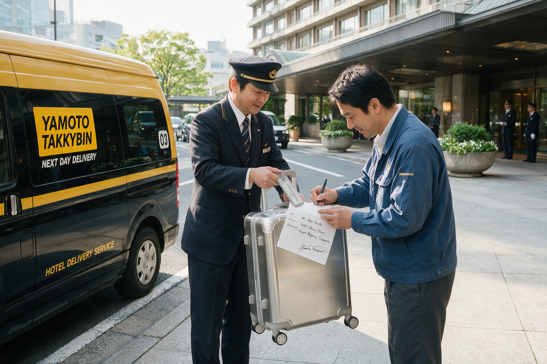 Hotel staff handing a tagged suitcase to a Yamato Transport takkyubin courier for luggage forwarding between cities in Japan