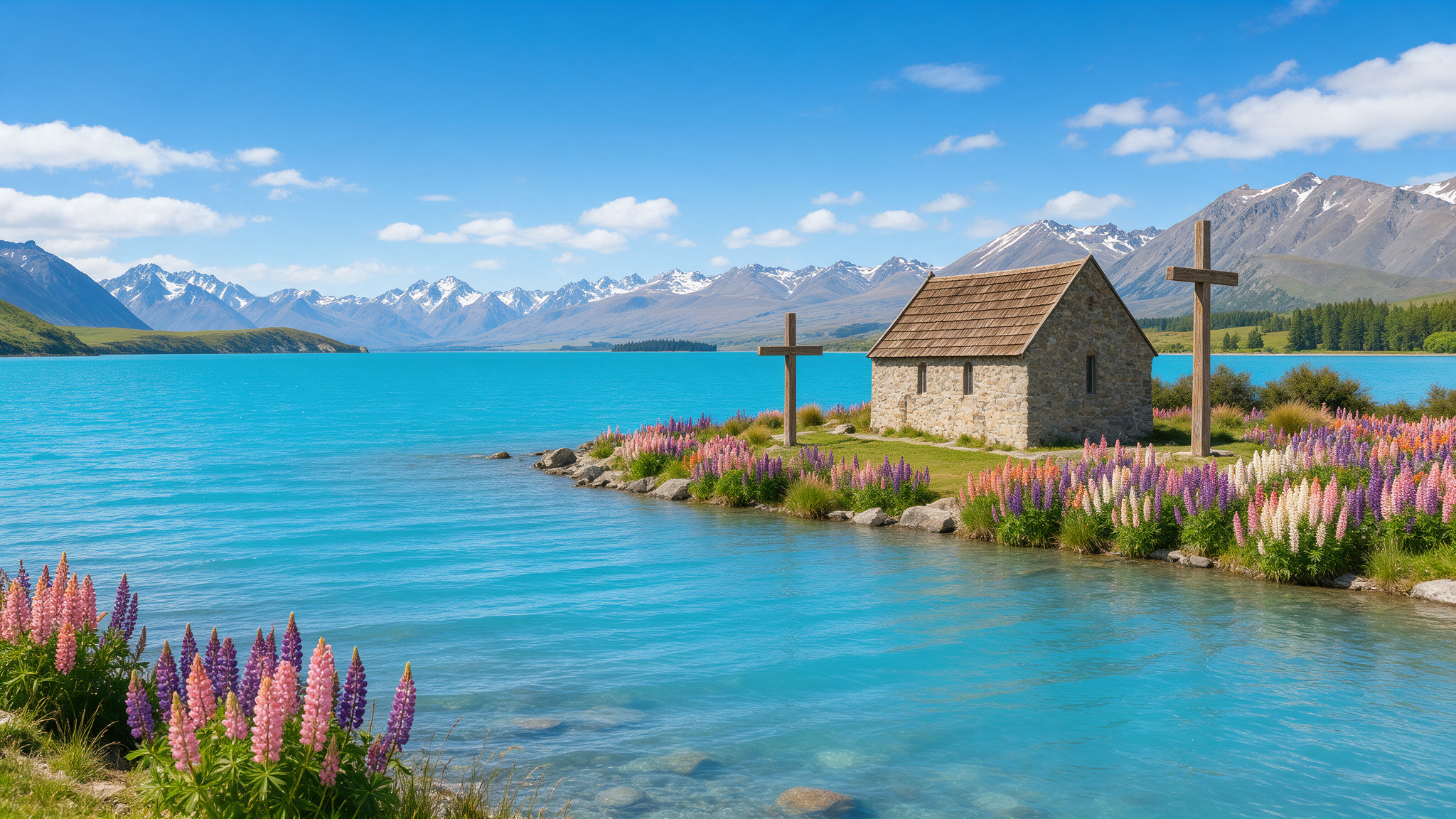 Lake Tekapo turquoise water with Church of the Good Shepherd and Southern Alps backdrop
