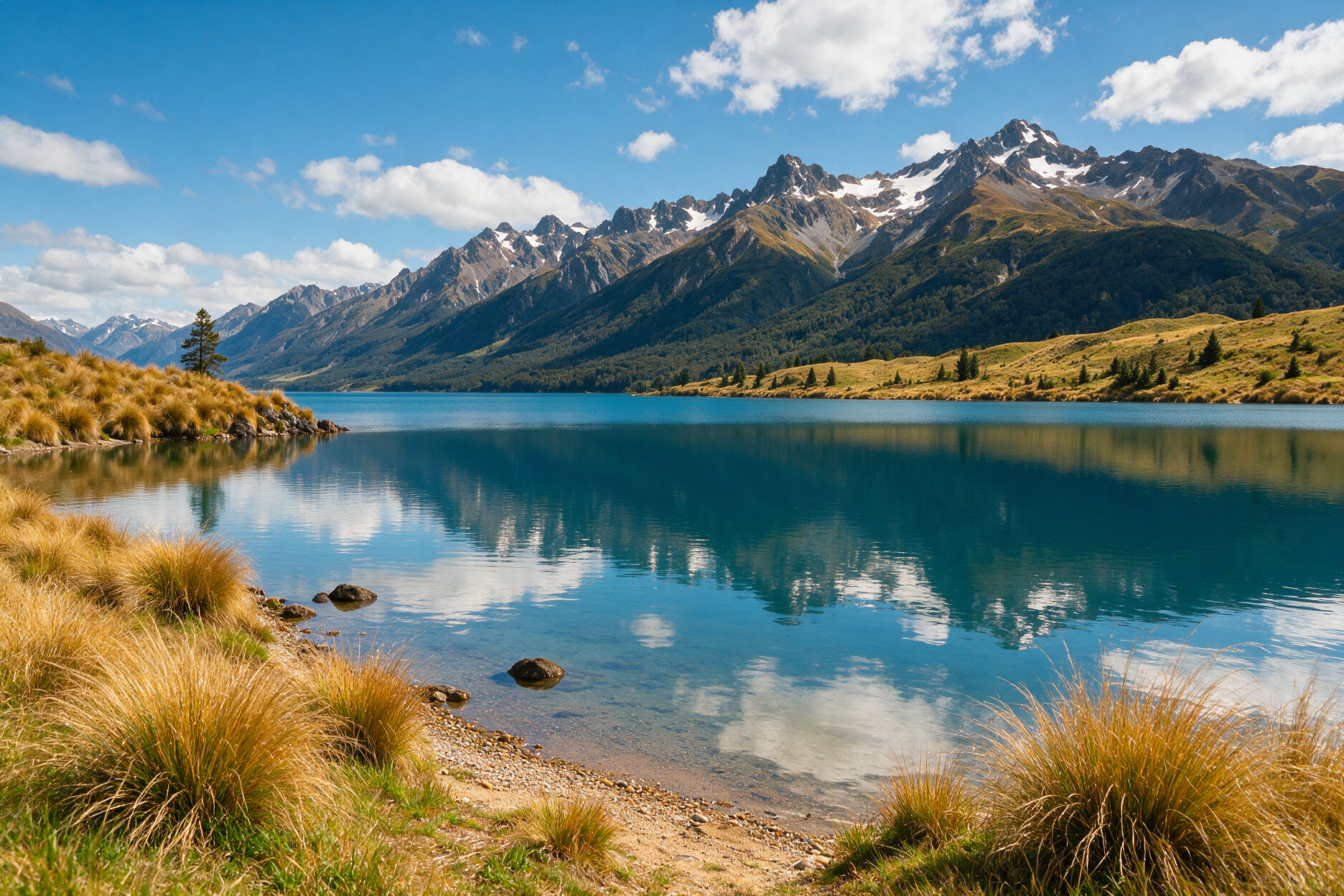 Lake Alexandrina near Tekapo with deep blue-green water and tussock shoreline
