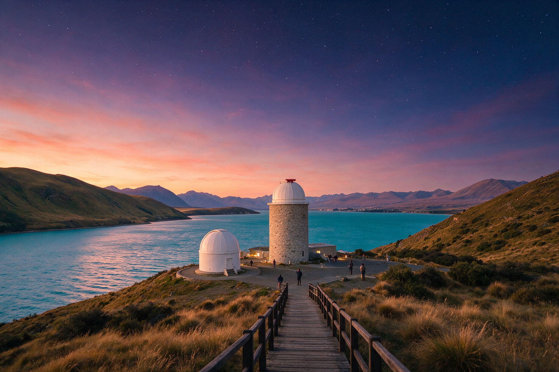 Mount John Observatory viewpoint above Lake Tekapo at dusk with panoramic lake views