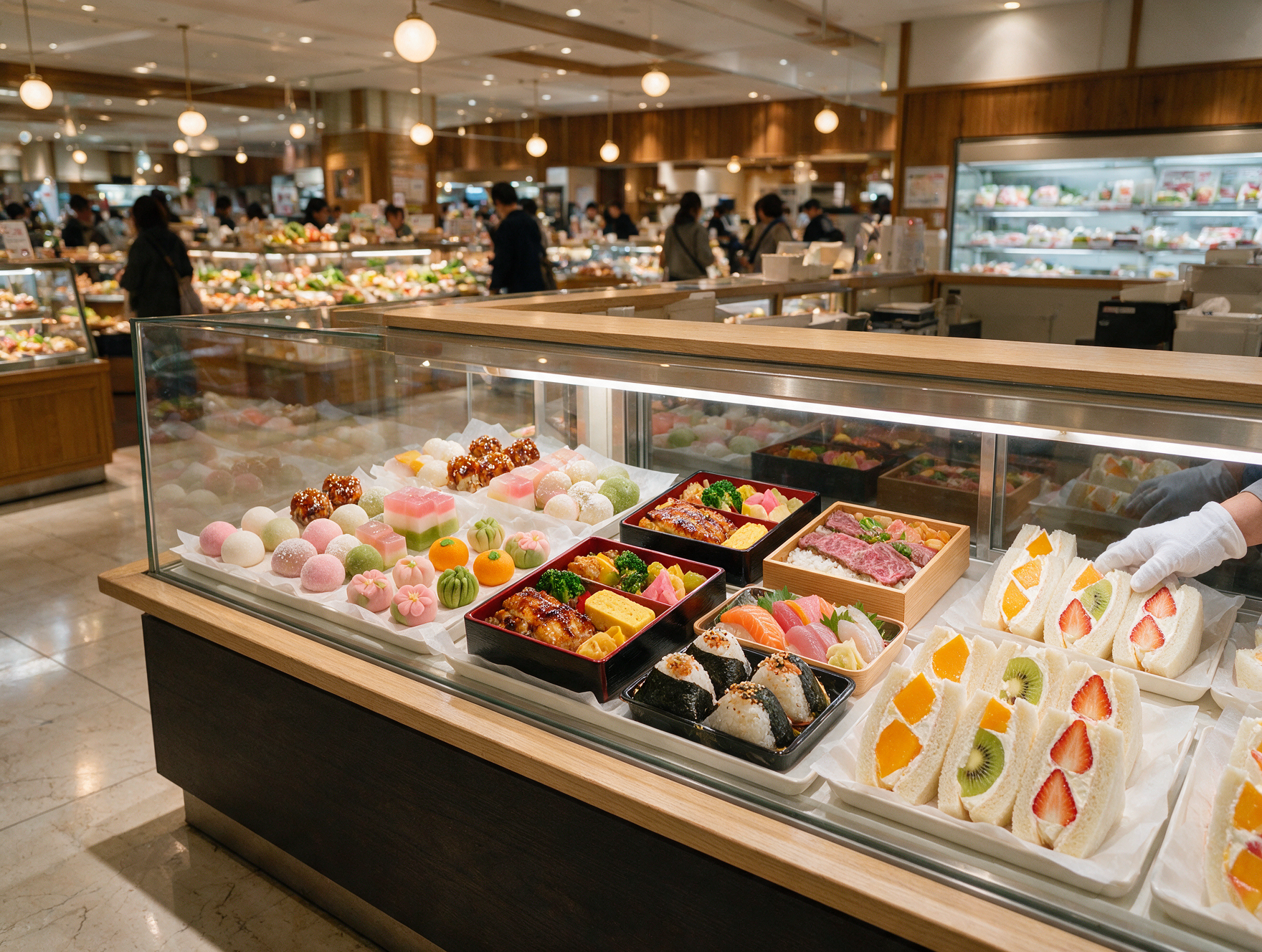 Glass display cases of wagashi sweets and bento boxes inside a Tokyo department store depachika food hall