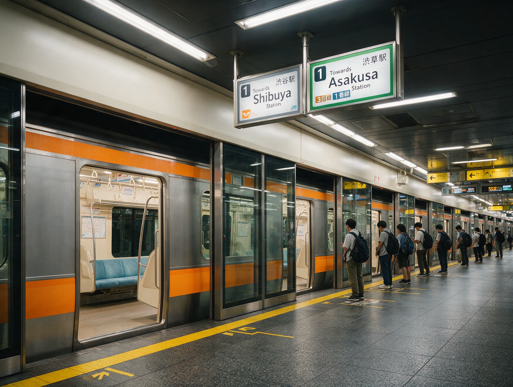 Passengers queueing in marked lines on a Tokyo Metro subway platform while a train waits with doors open