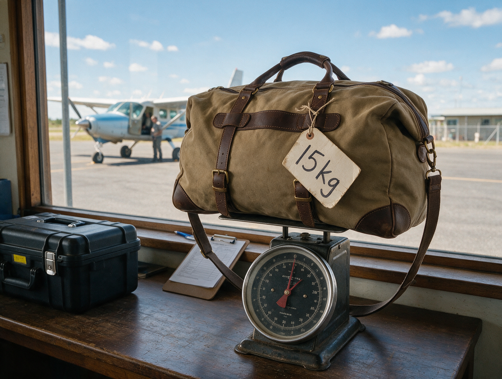 Soft duffel bag being weighed at a Kenya bush airstrip check-in counter showing the 15kg limit