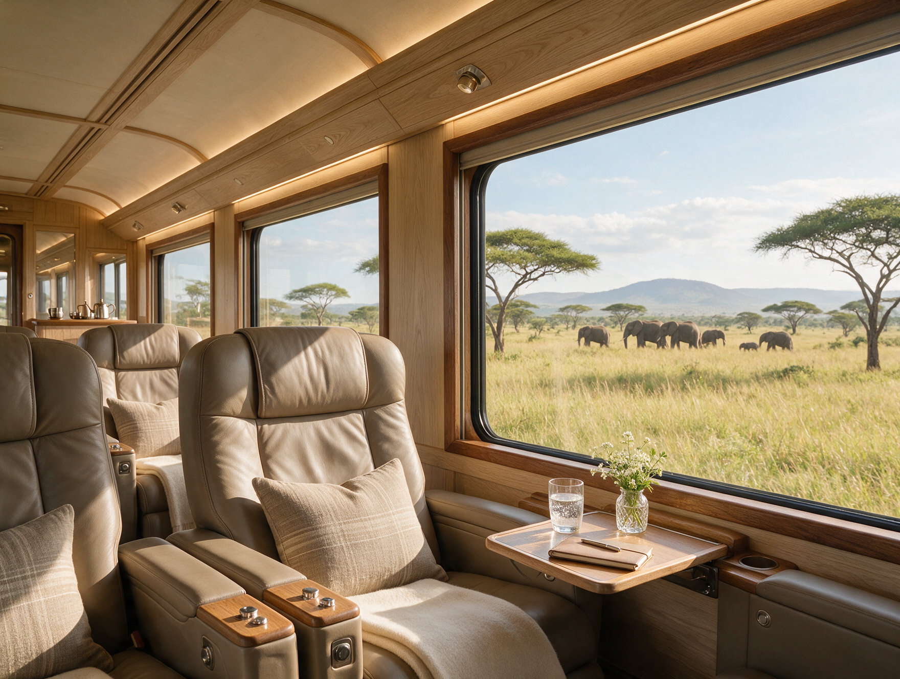 Interior of the Madaraka Express SGR train with Tsavo savannah and elephants visible through the window