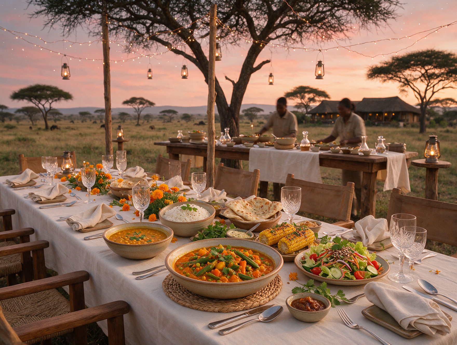 Vegetarian bush dinner spread set up outdoors at a Kenya safari lodge at dusk