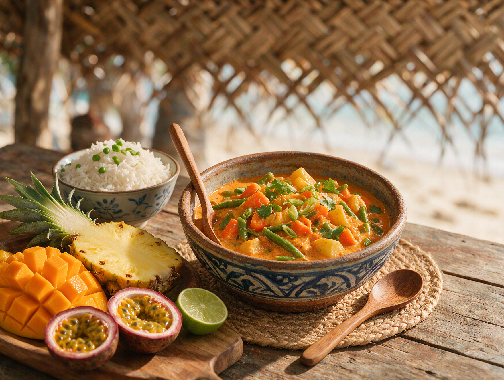 Swahili coconut vegetable curry with coconut rice and tropical fruit at Diani Beach
